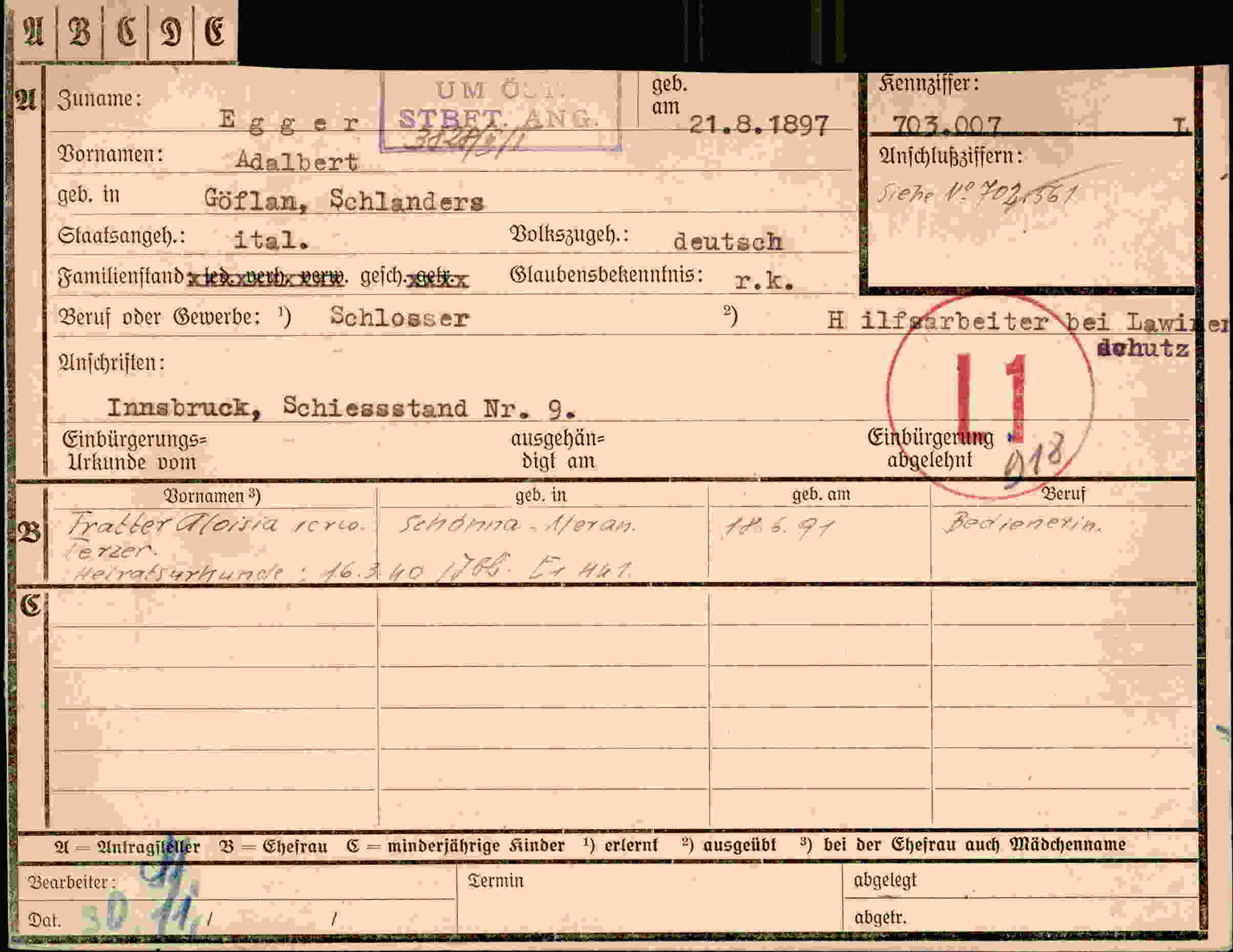 Dokument für Adalbert Egger