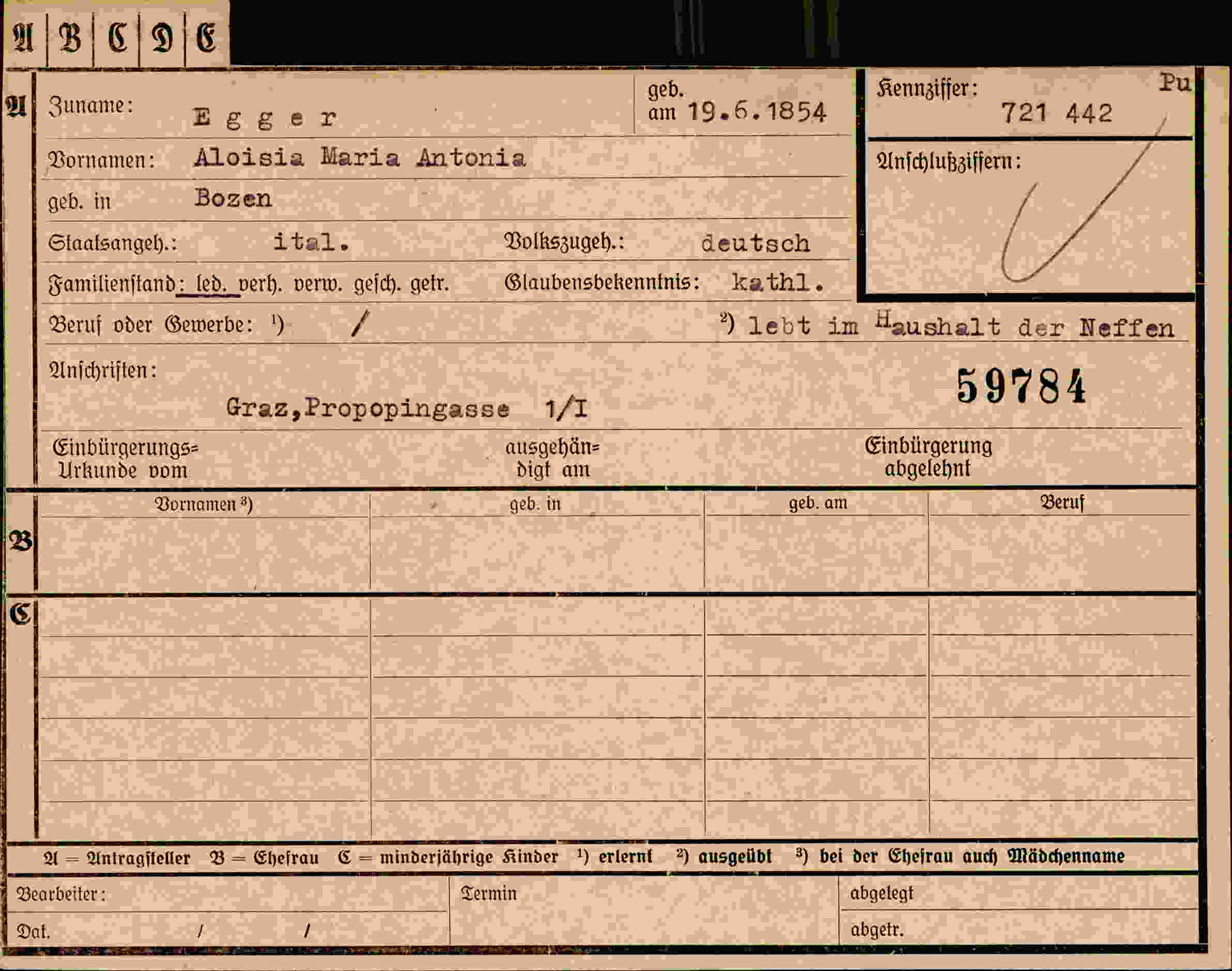 Dokument für Aloisia Maria Antonia Egger