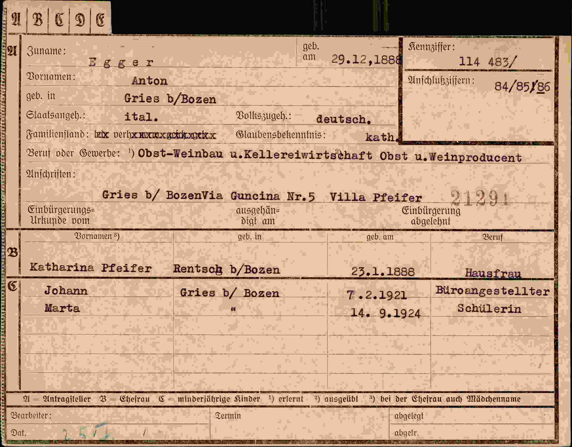 Dokument für Anton Egger