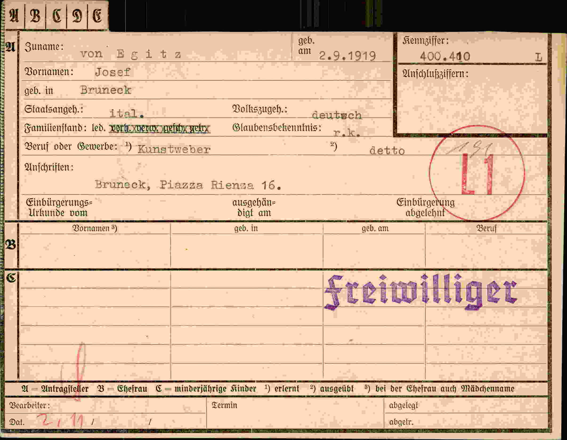 Dokument für Josef von Egitz