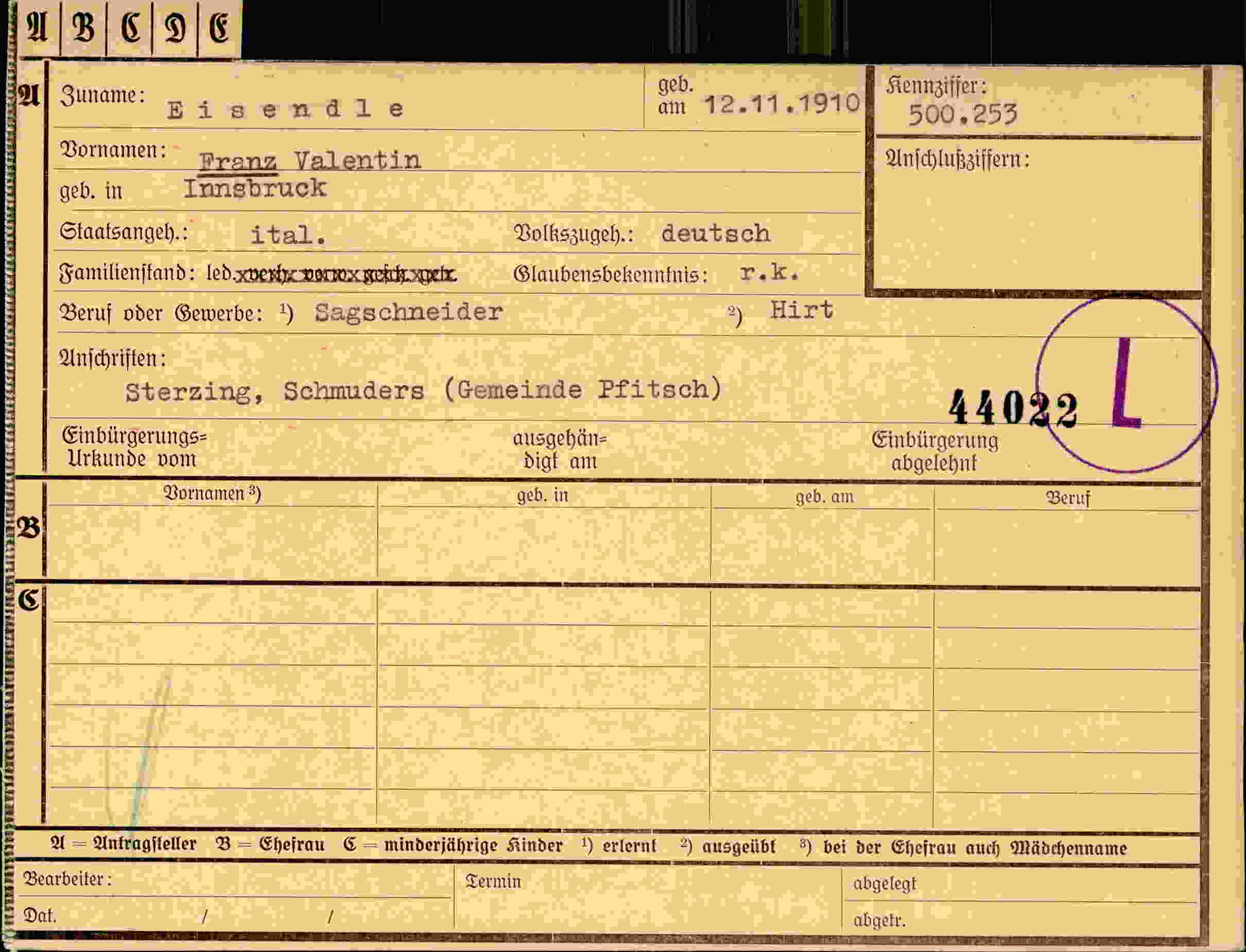 Dokument für Franz Valentin Eisendle