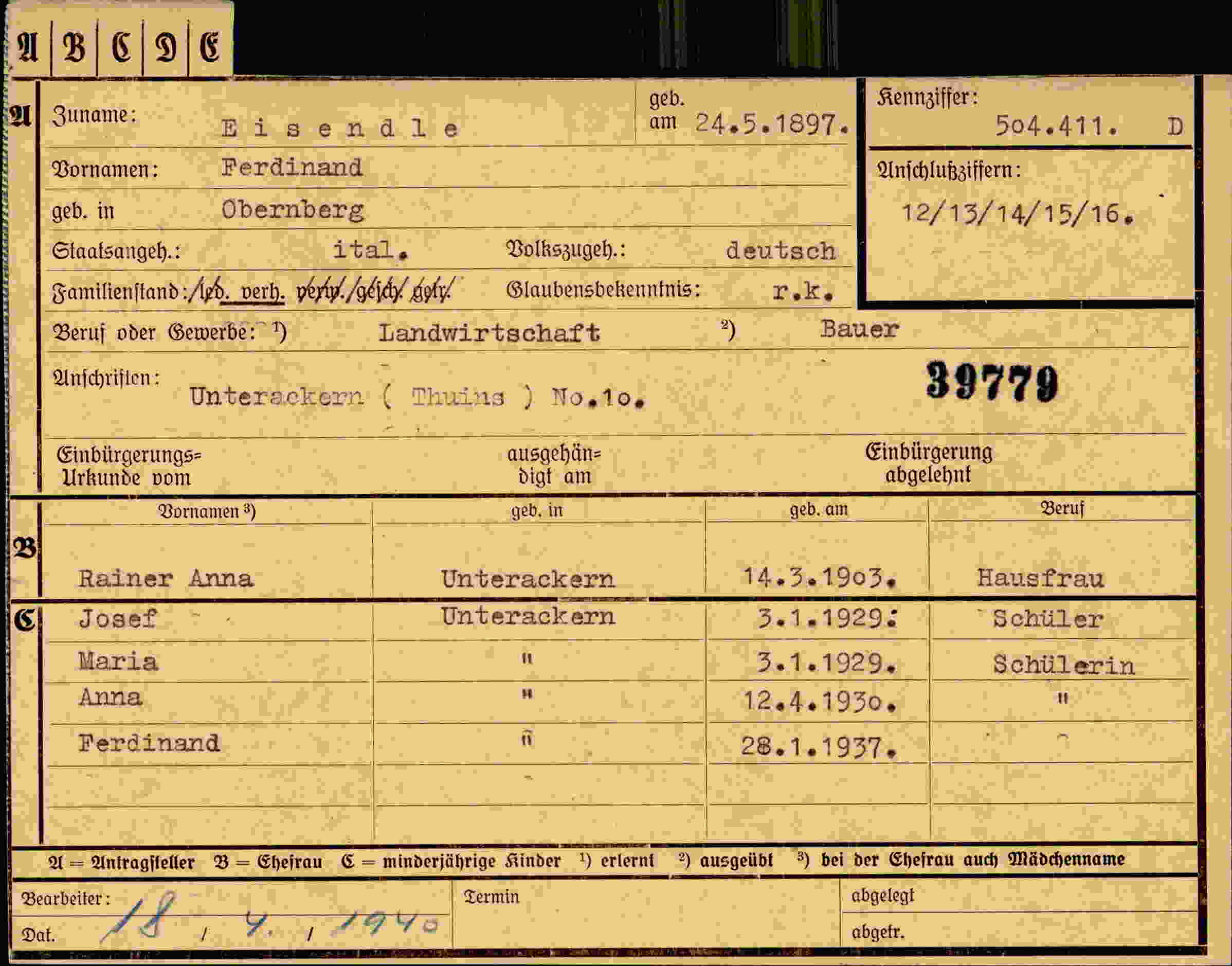 Dokument für Ferdinand Eisendle