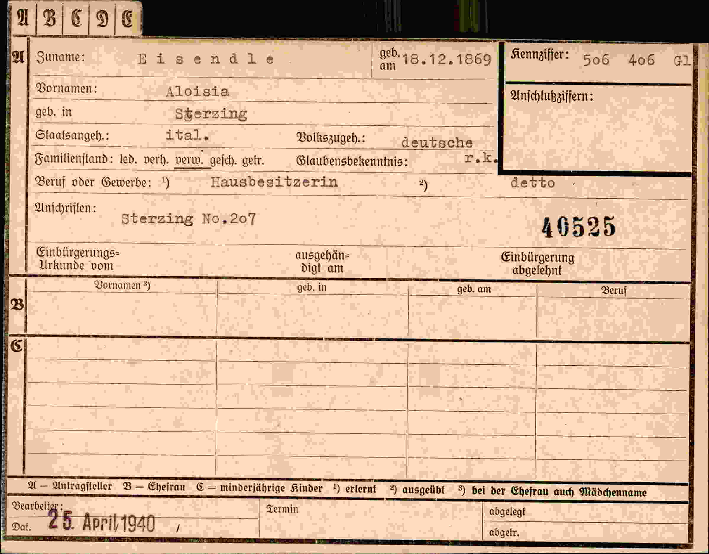 Dokument für Aloisia Eisendle