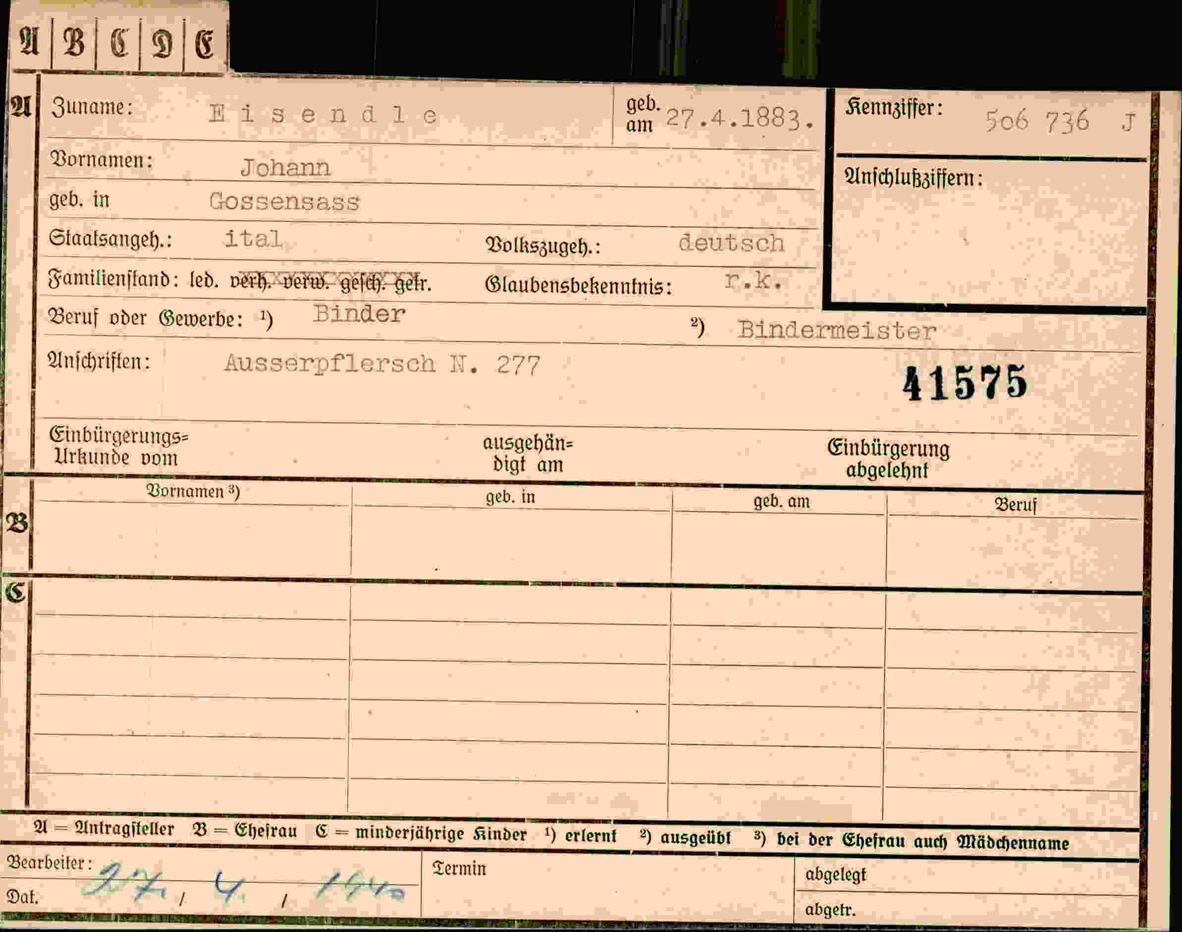 Dokument für Johann Eisendle