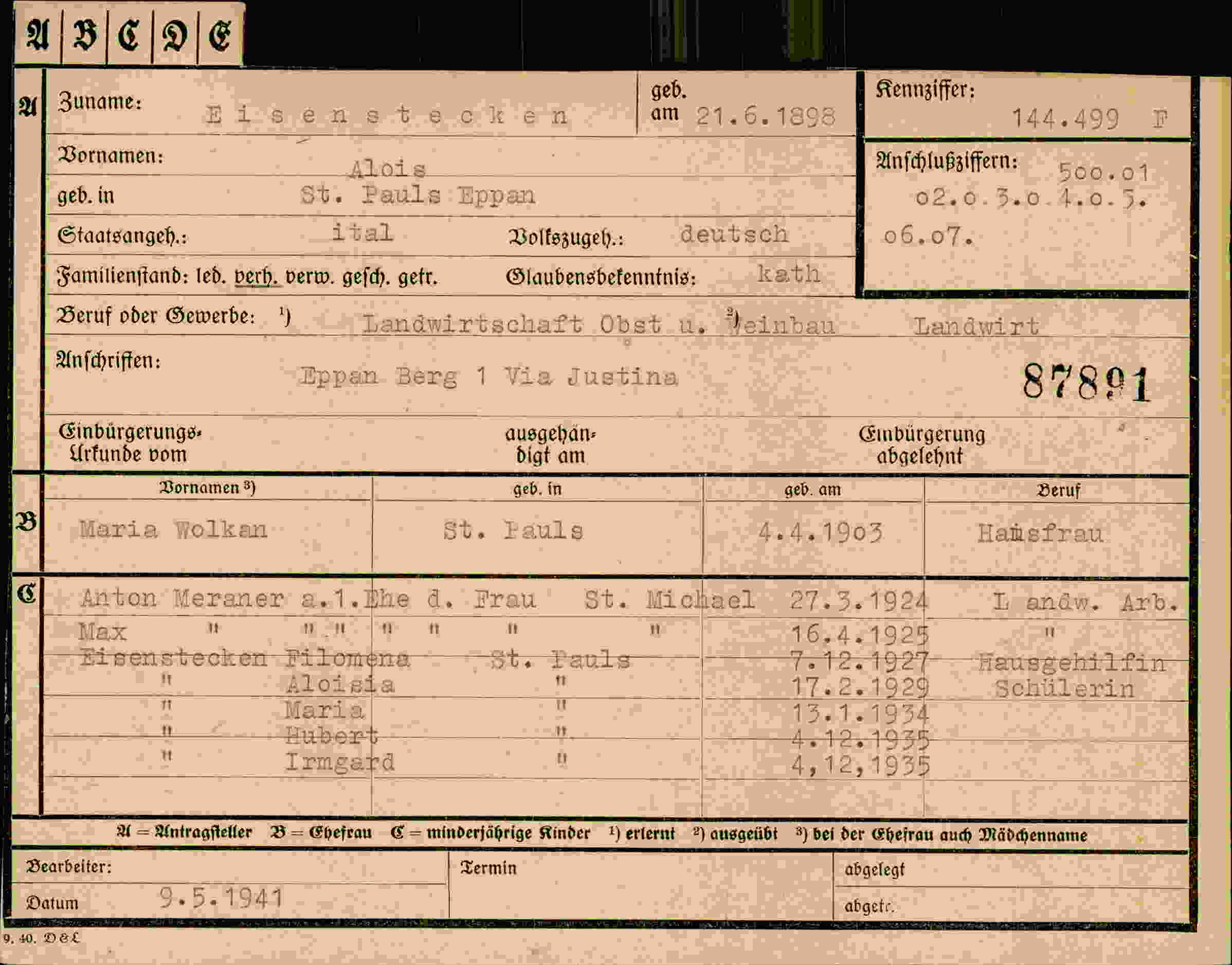 Dokument für Alois Eisenstecken