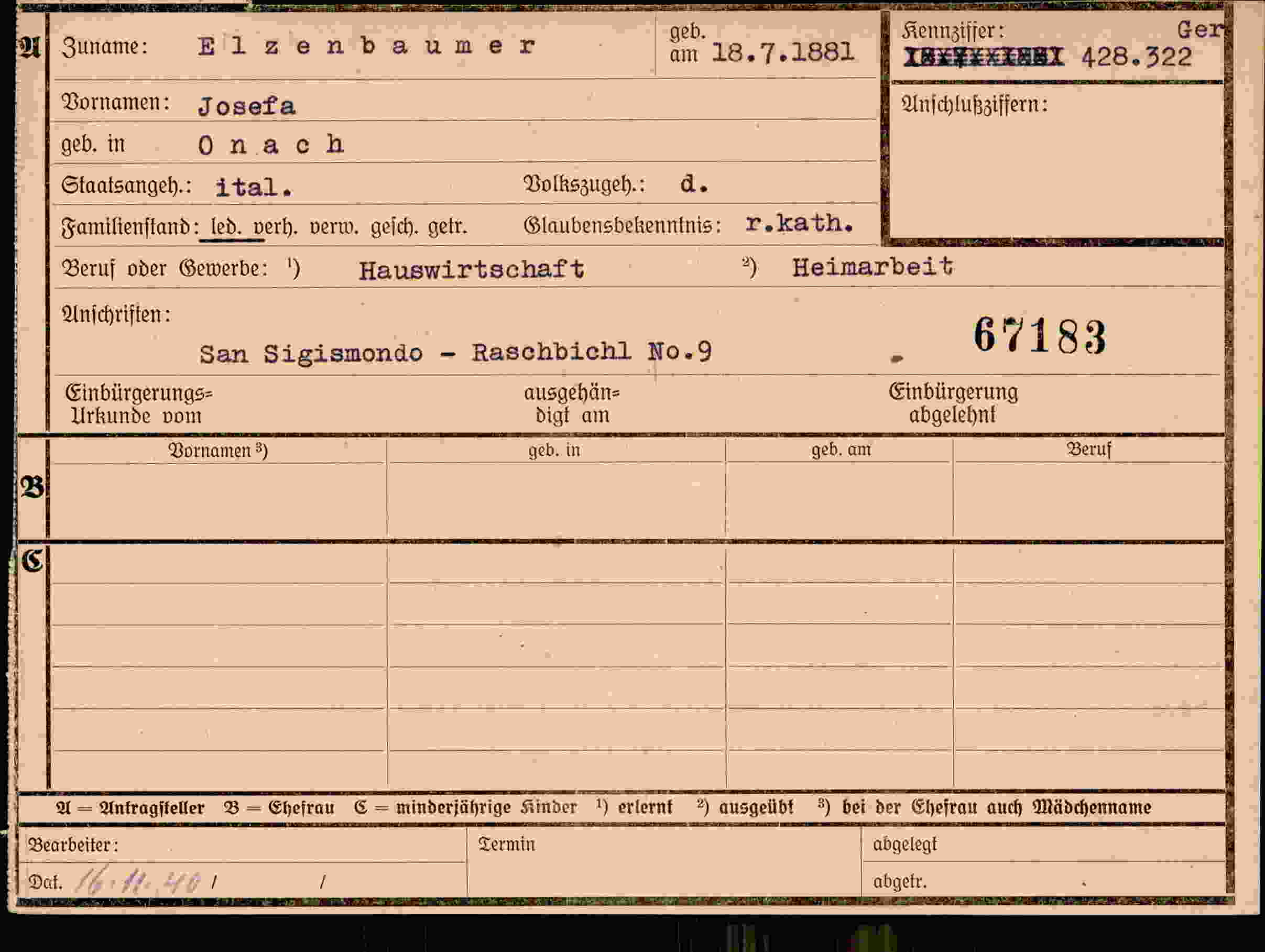 Dokument für Josefa Elzenbaumer