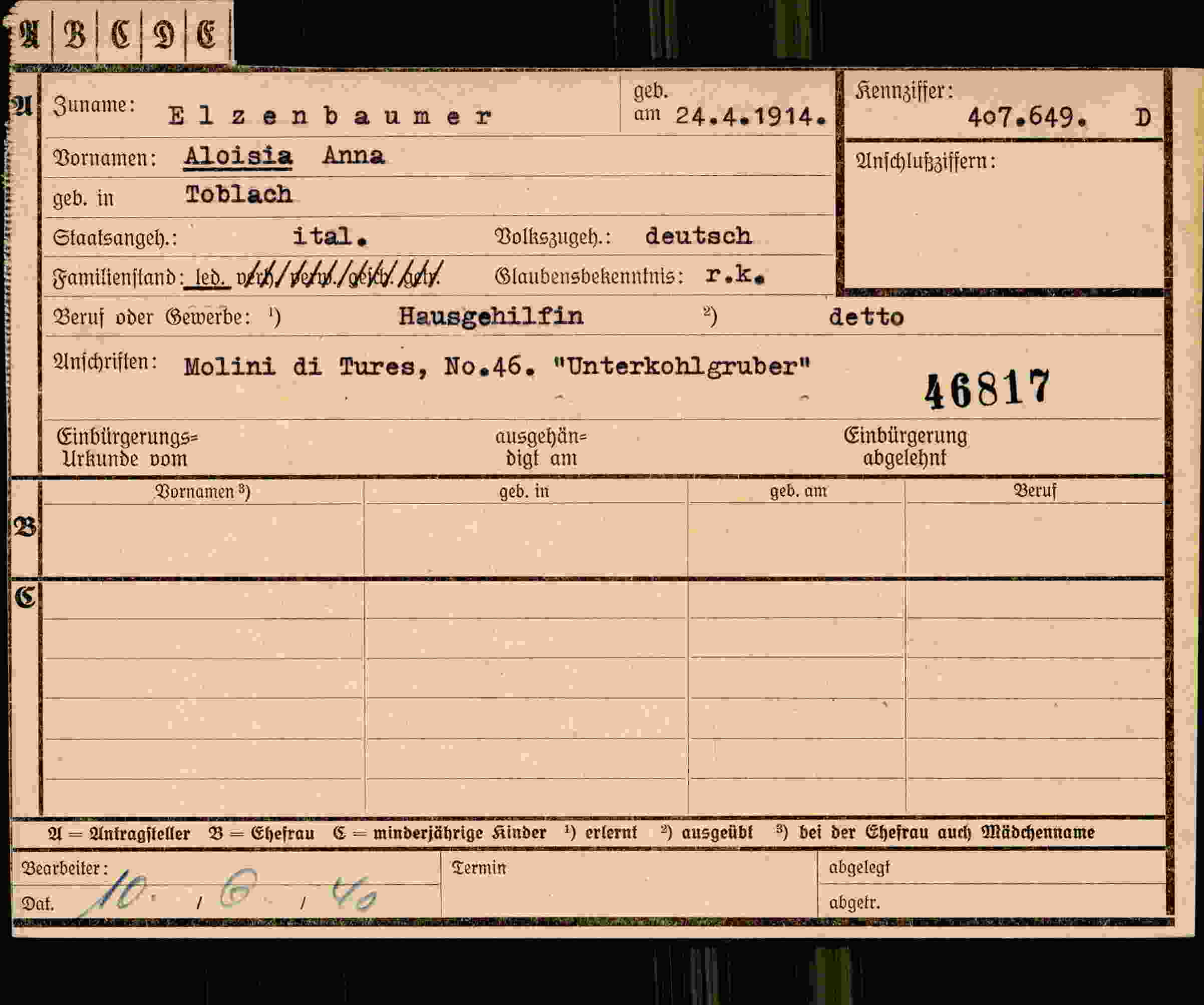 Dokument für Aloisia Anna Elzenbaumer
