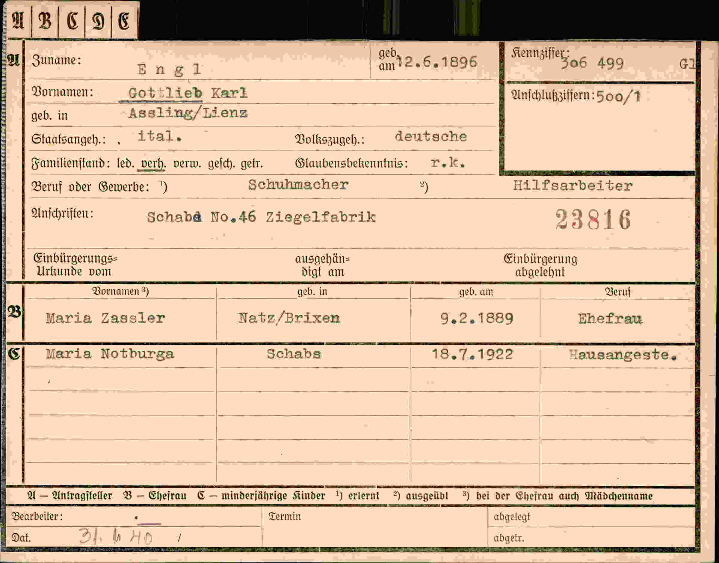 Dokument für Gottlieb Karl Engl