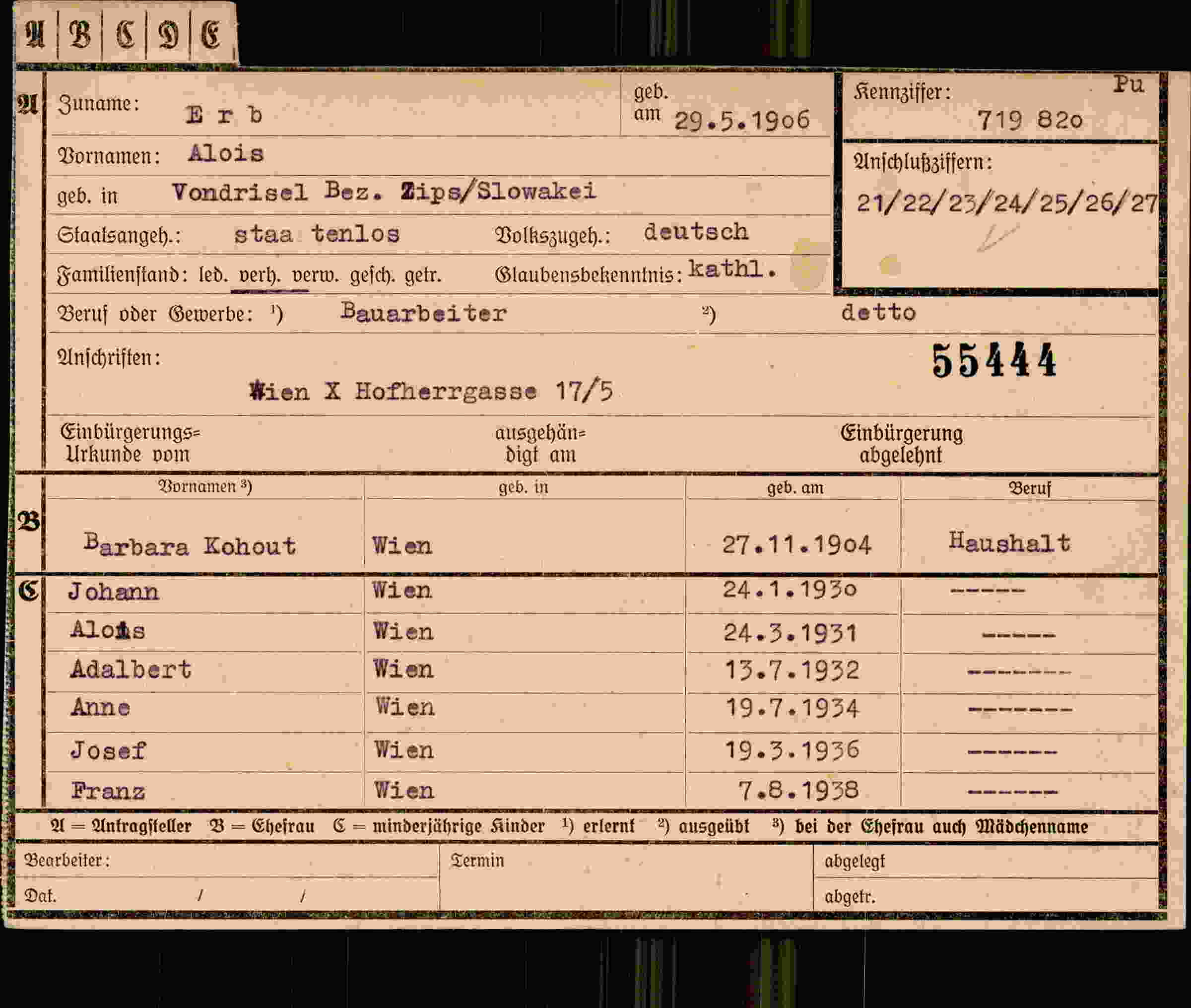 Dokument für Alois Erb