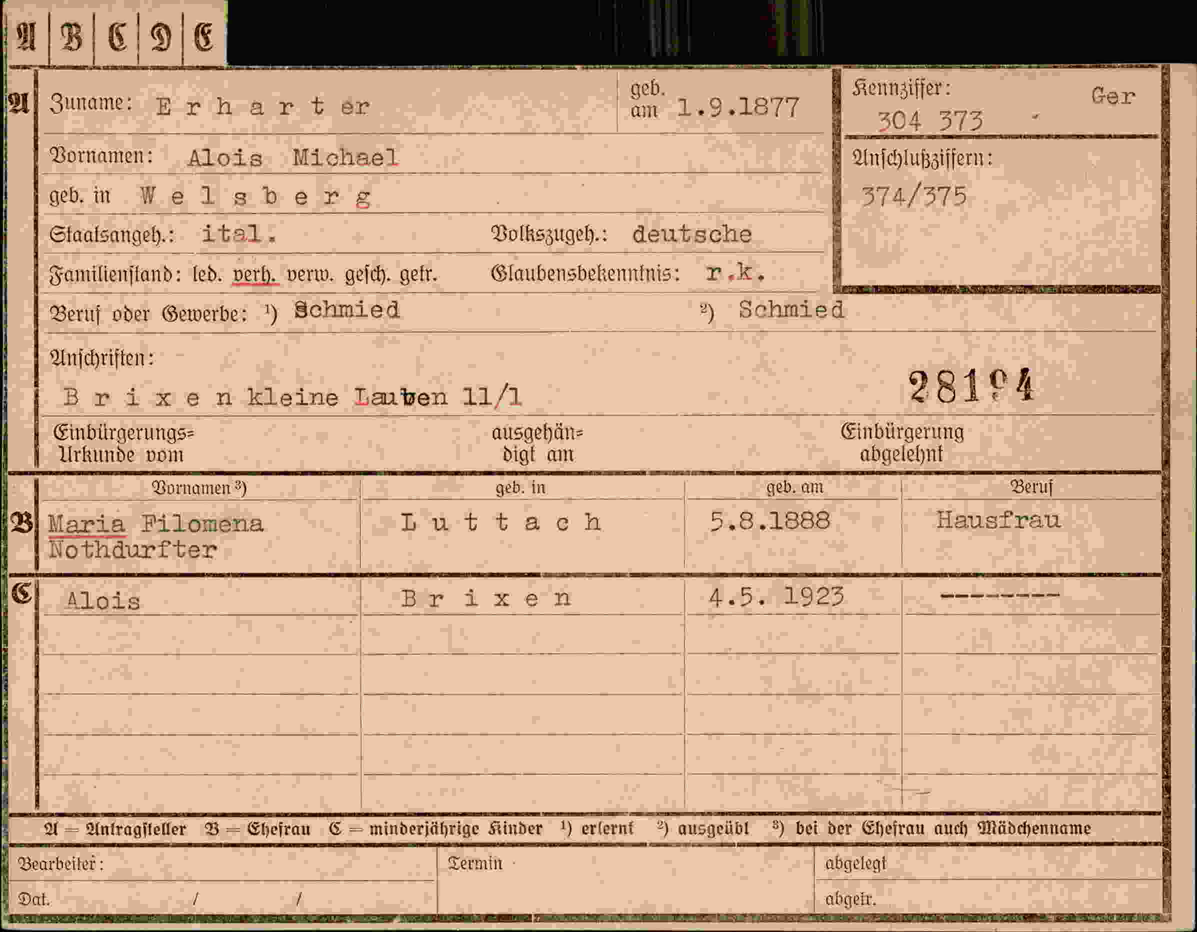 Dokument für Alois Michael Erharter