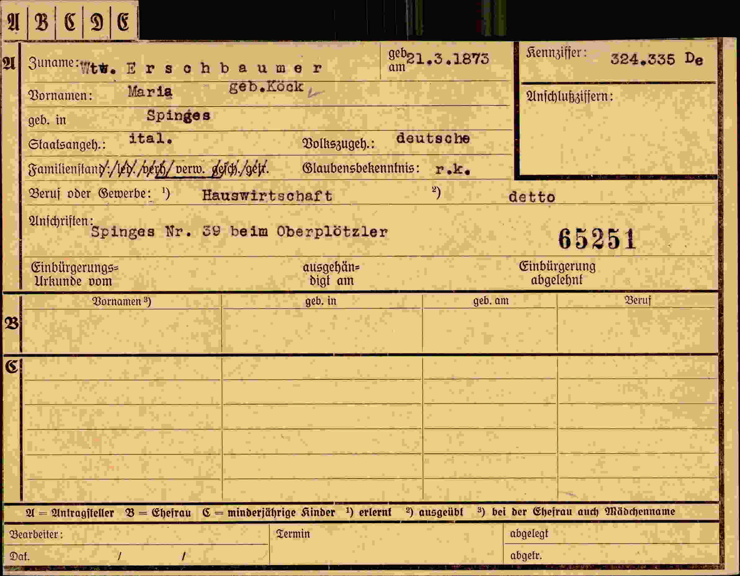 Dokument für Maria Erschbaumer