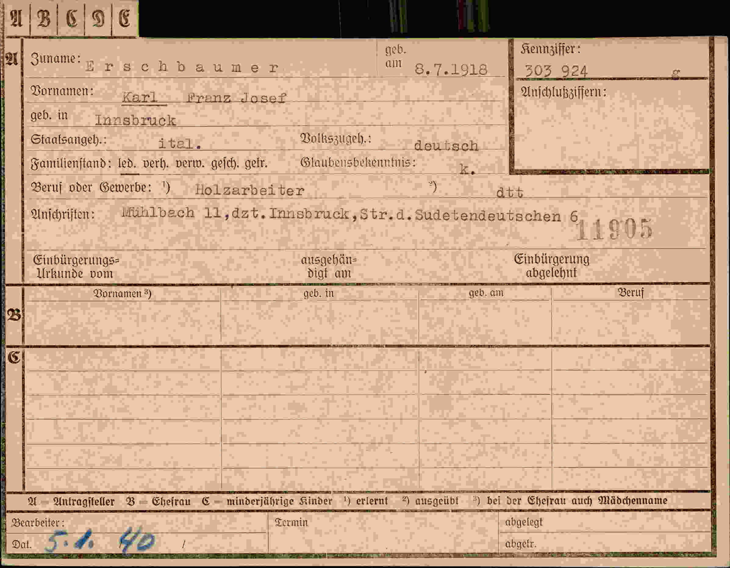 Dokument für Karl Franz Josef Erschbaumer