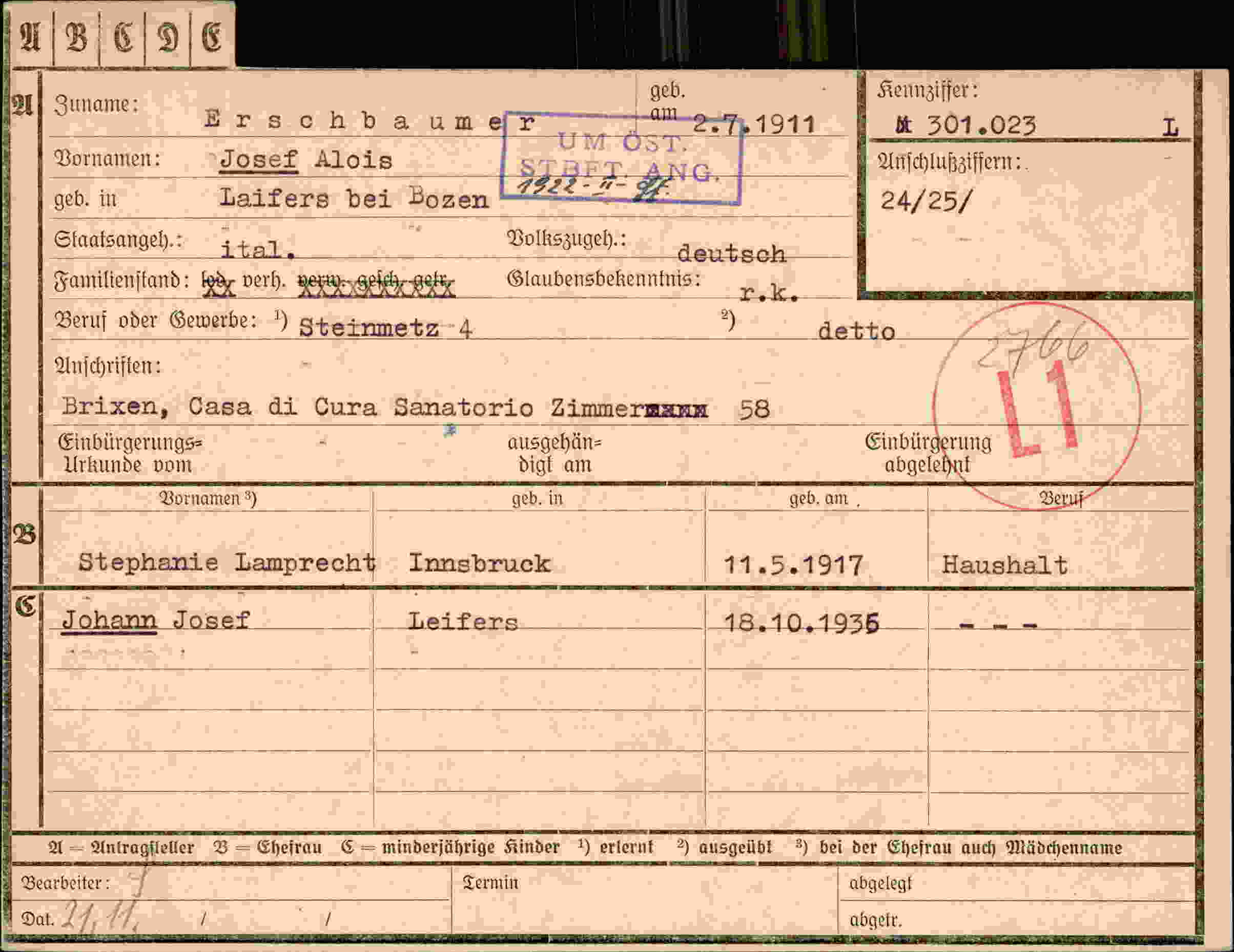 Dokument für Josef Alois Erschbaumer