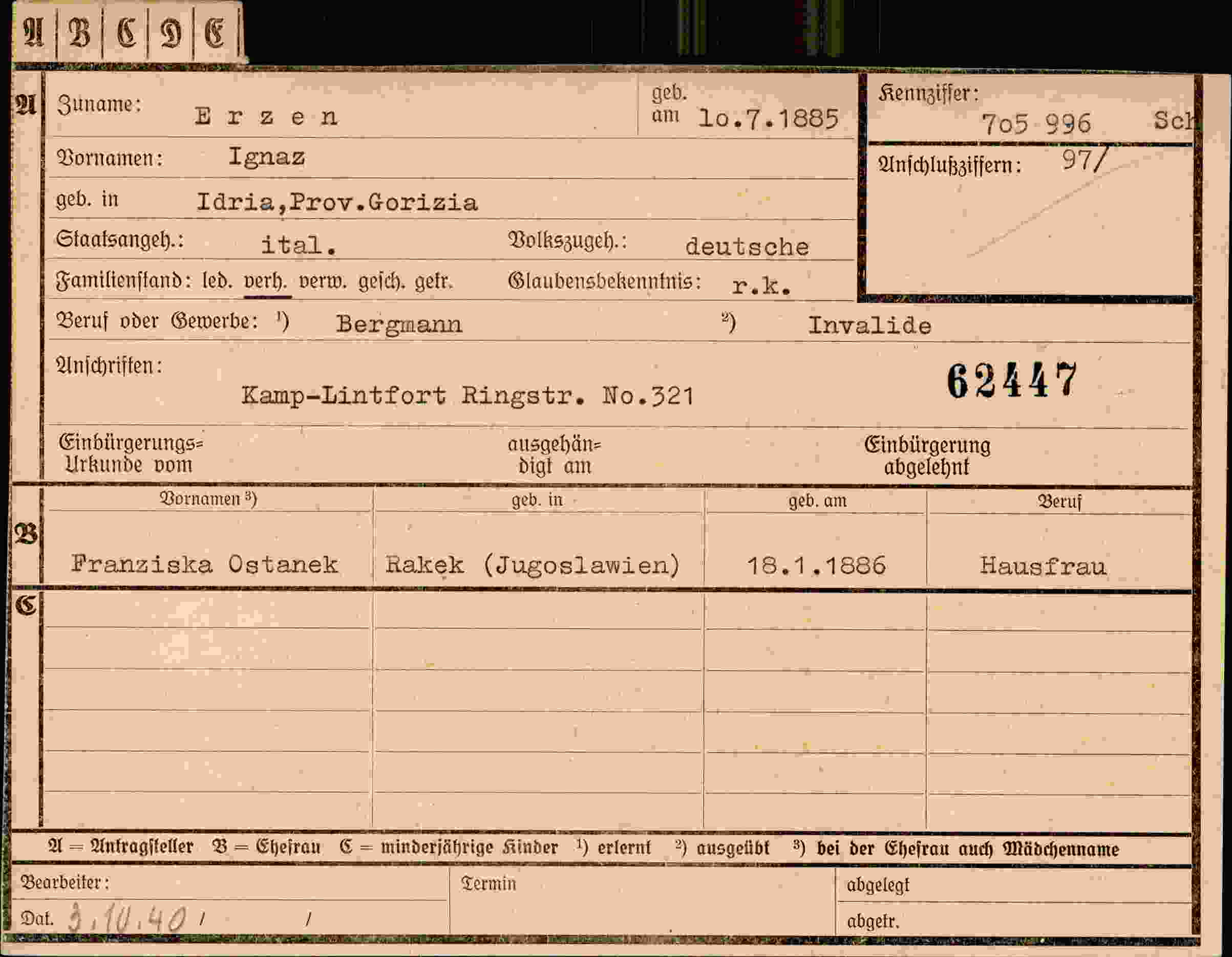 Dokument für Ignaz Erzen