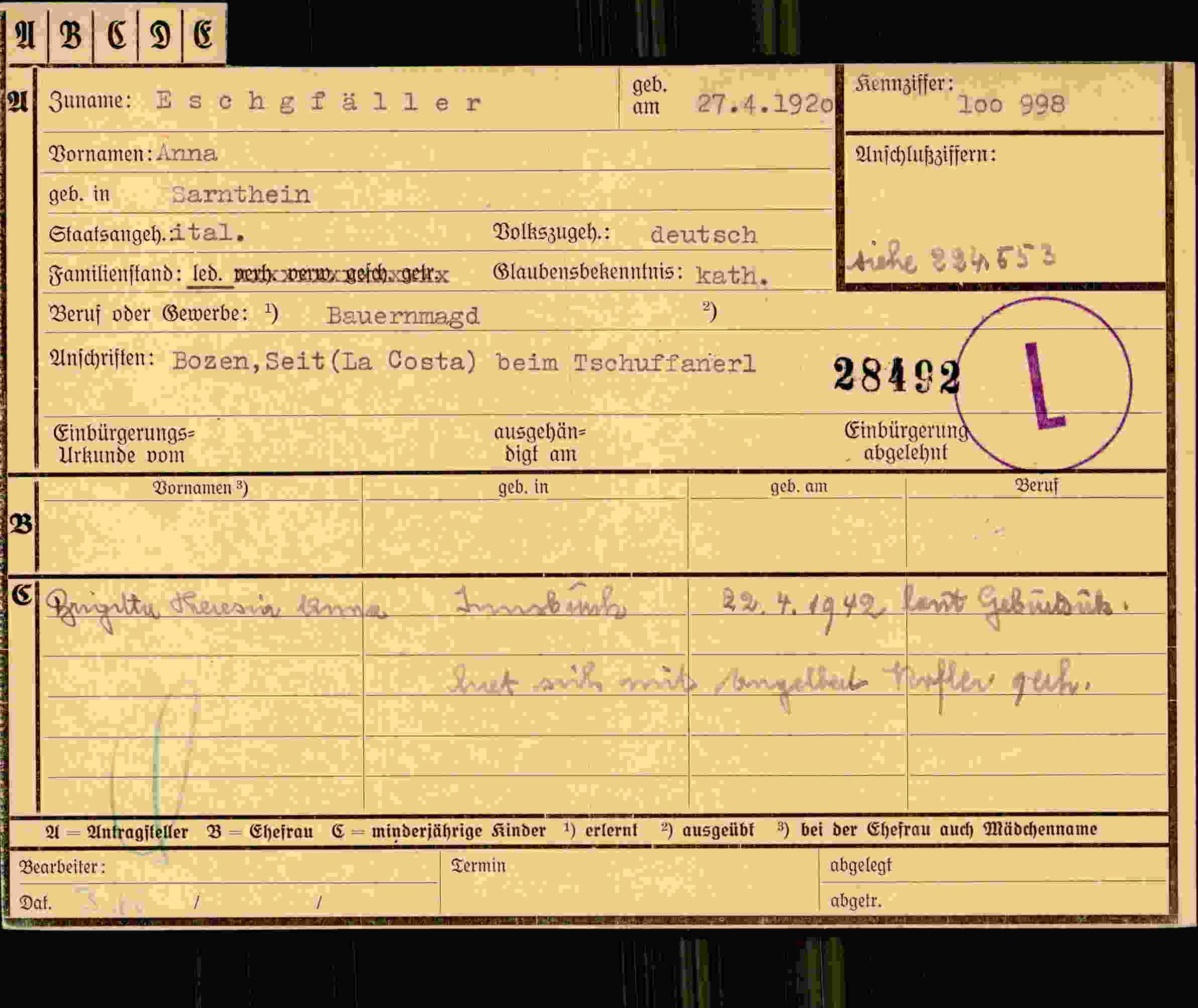 Dokument für Anna Eschgfäller