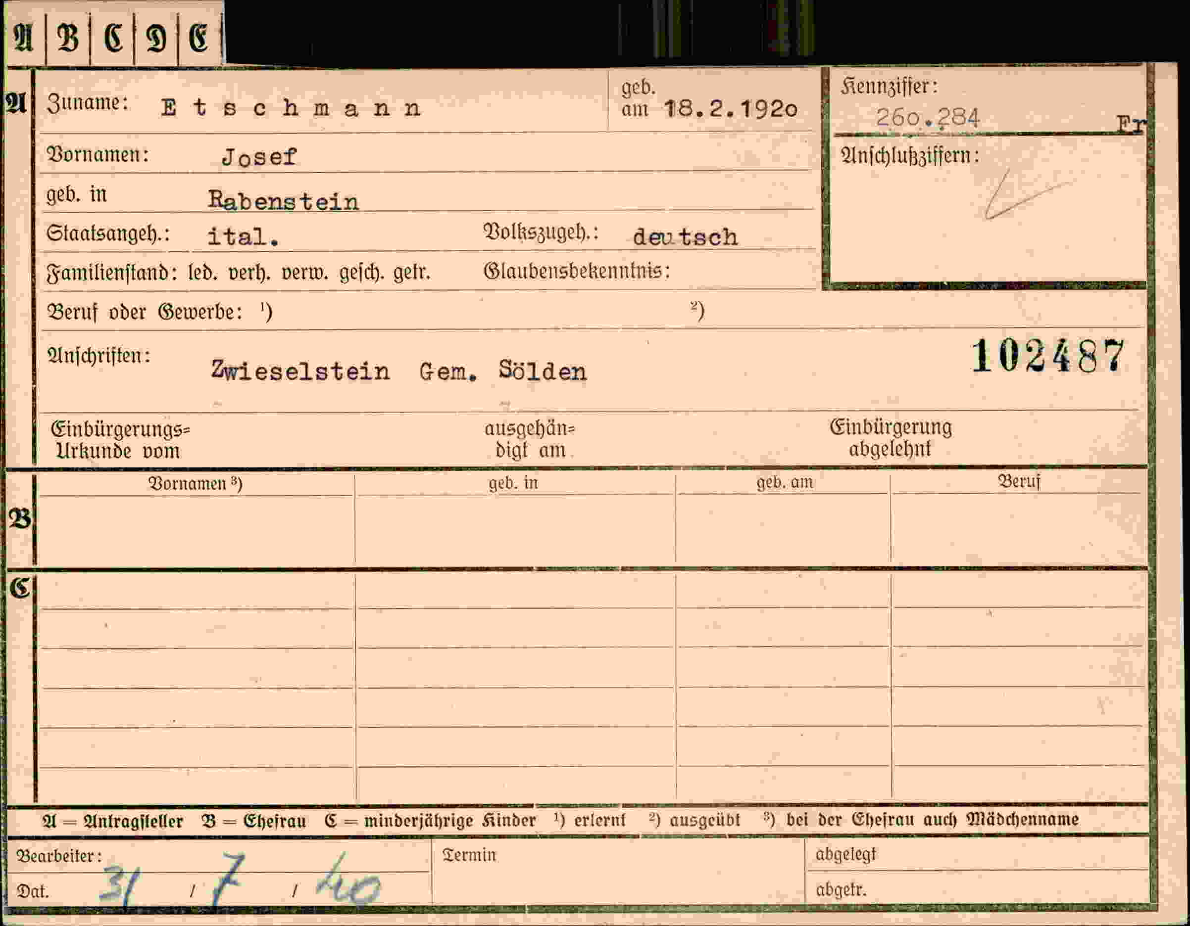 Dokument für Josef Etschmann