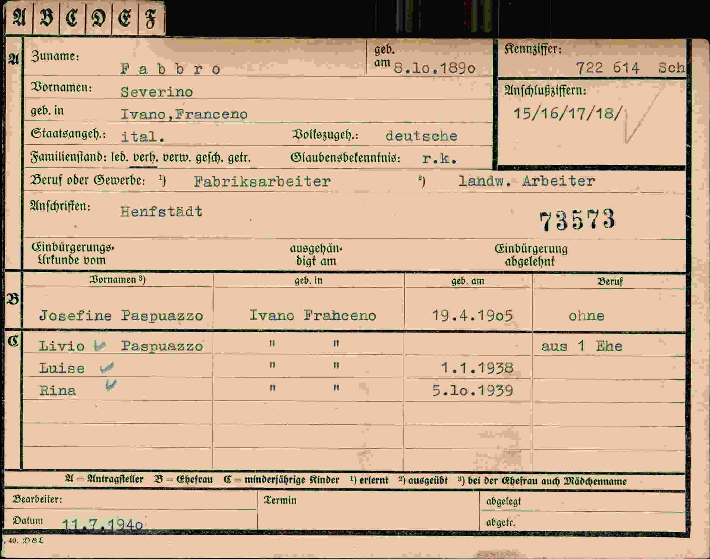 Dokument für Severino Fabbro