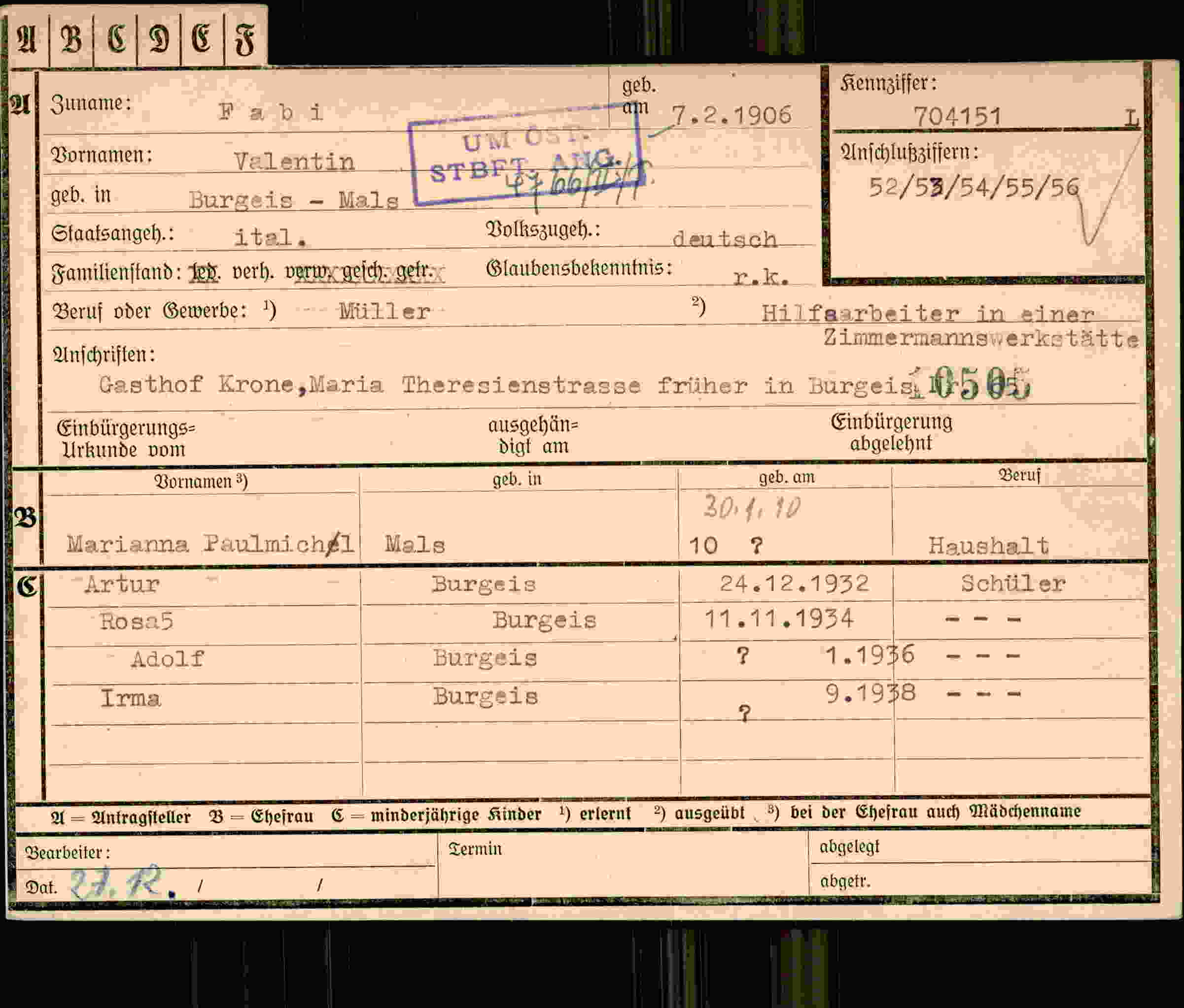Dokument für Valentin Fabi