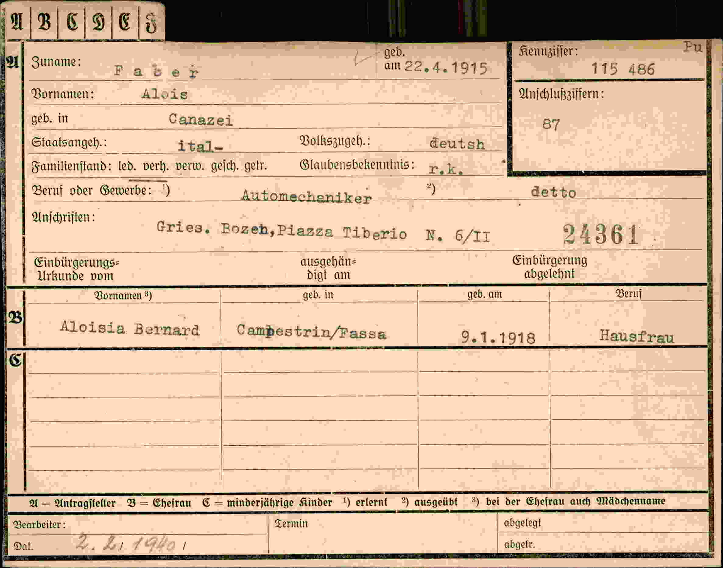 Dokument für Alois Faber