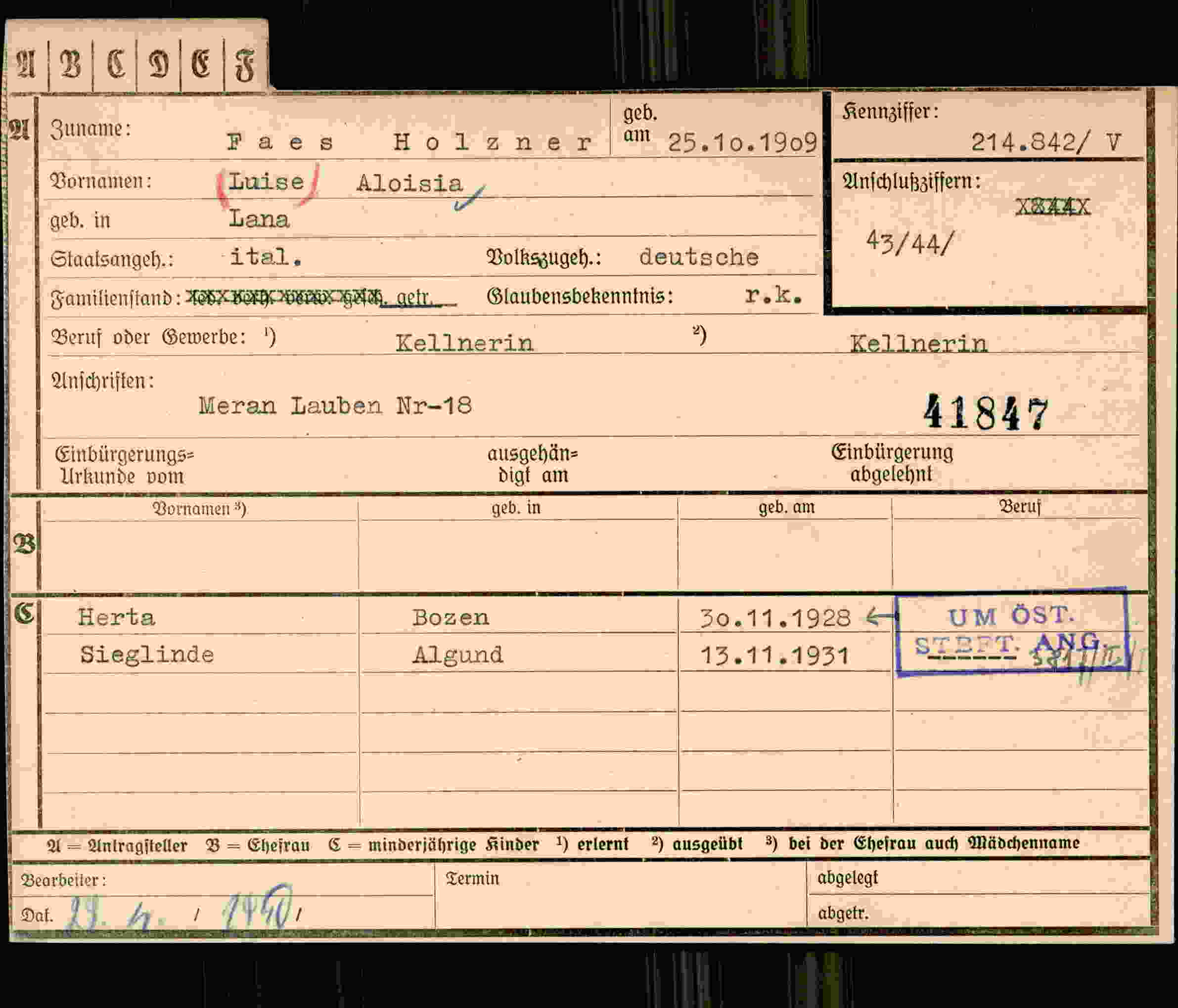 Dokument für Luise Aloisia Faes Holzner