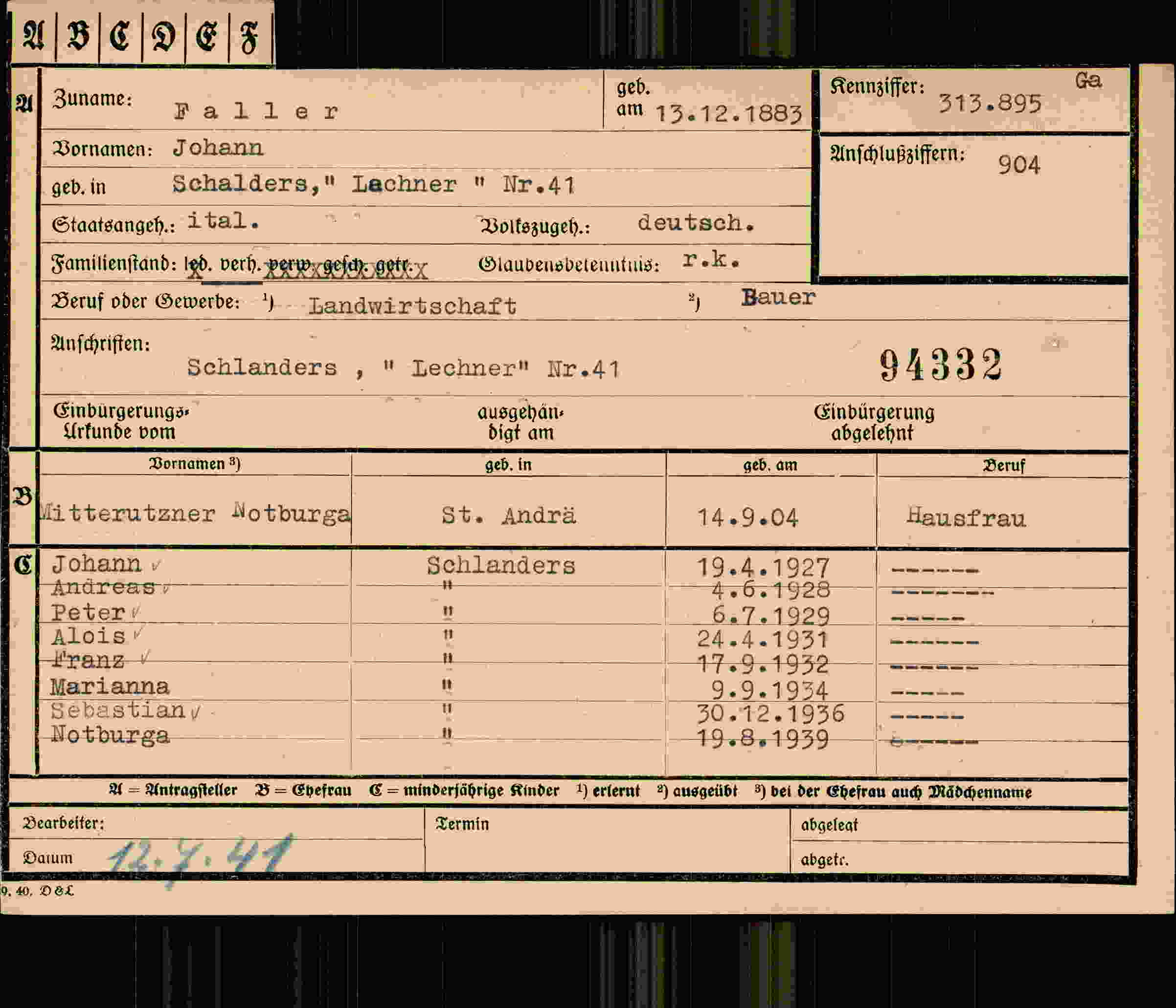 Dokument für Johann Faller