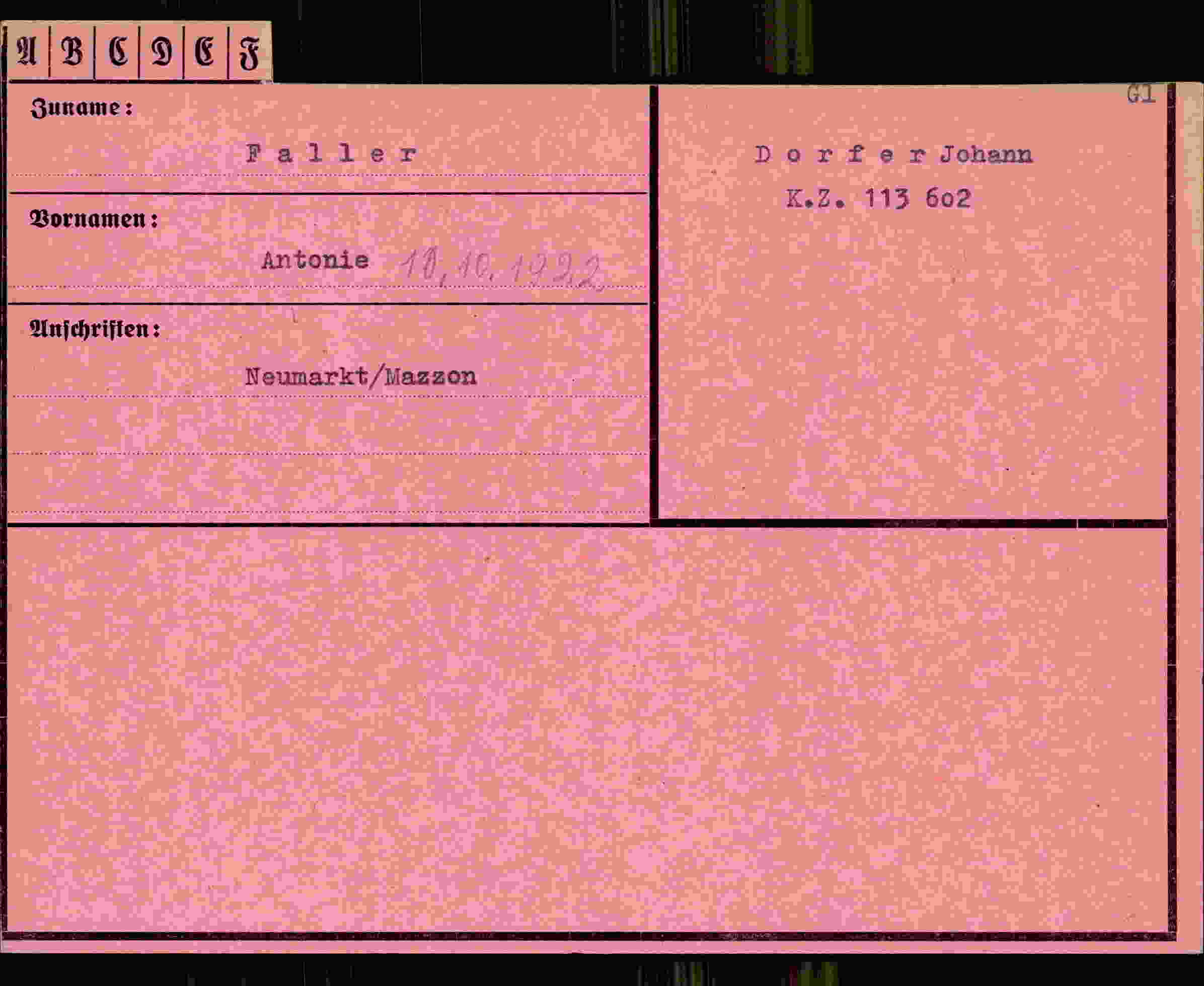 Dokument für Antonie Faller