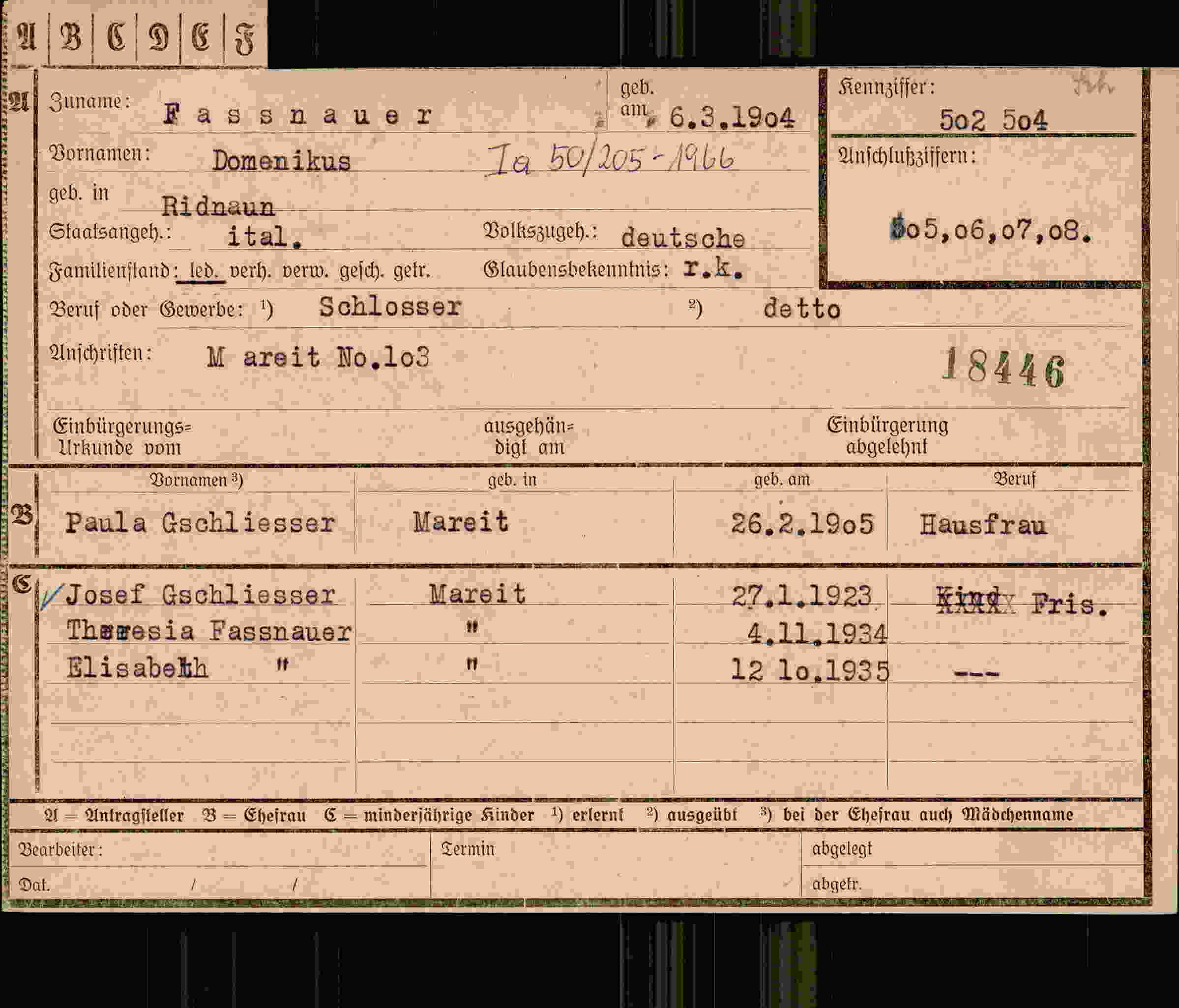 Dokument für Domenikus Fassnauer
