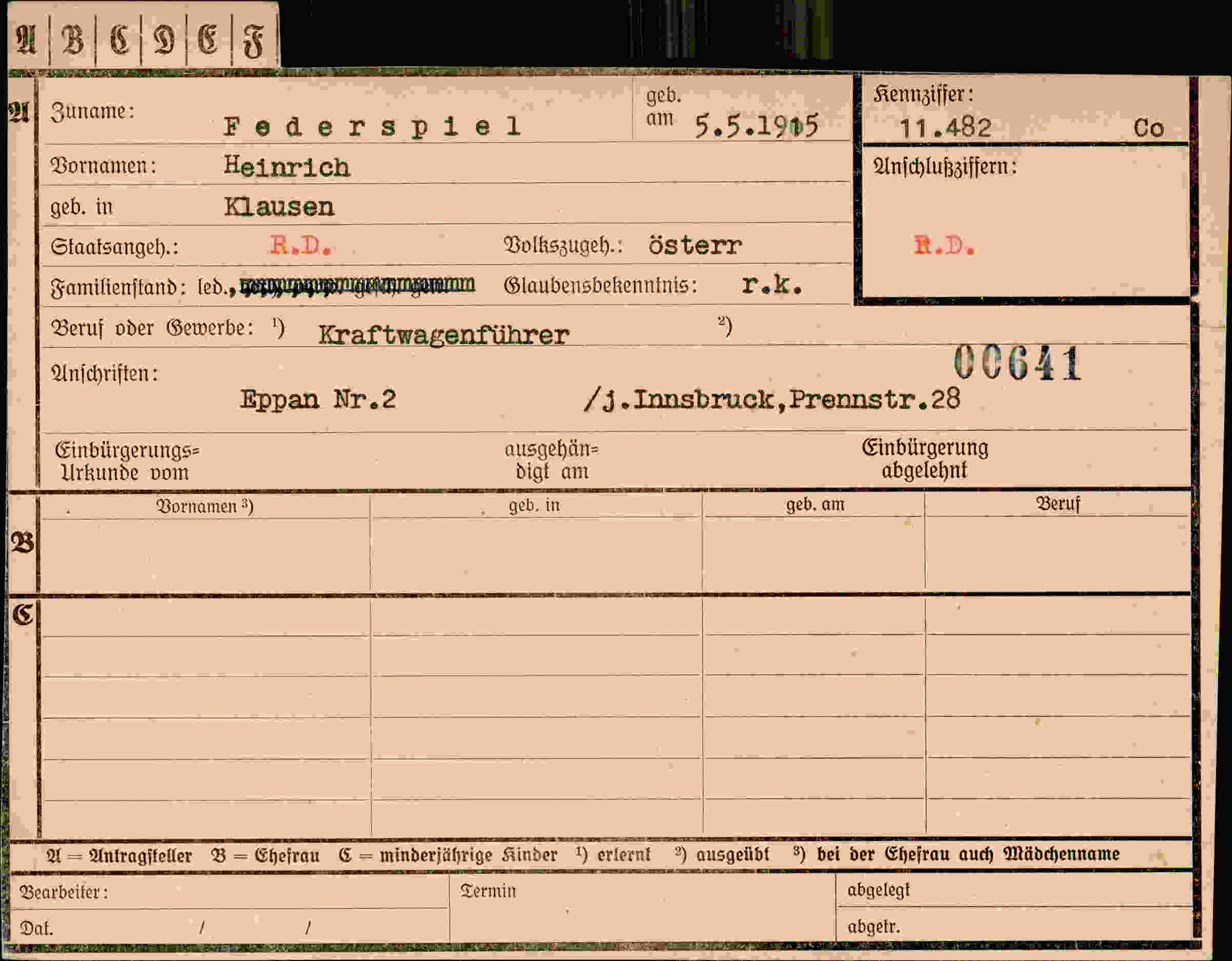 Dokument für Heinrich Federspiel