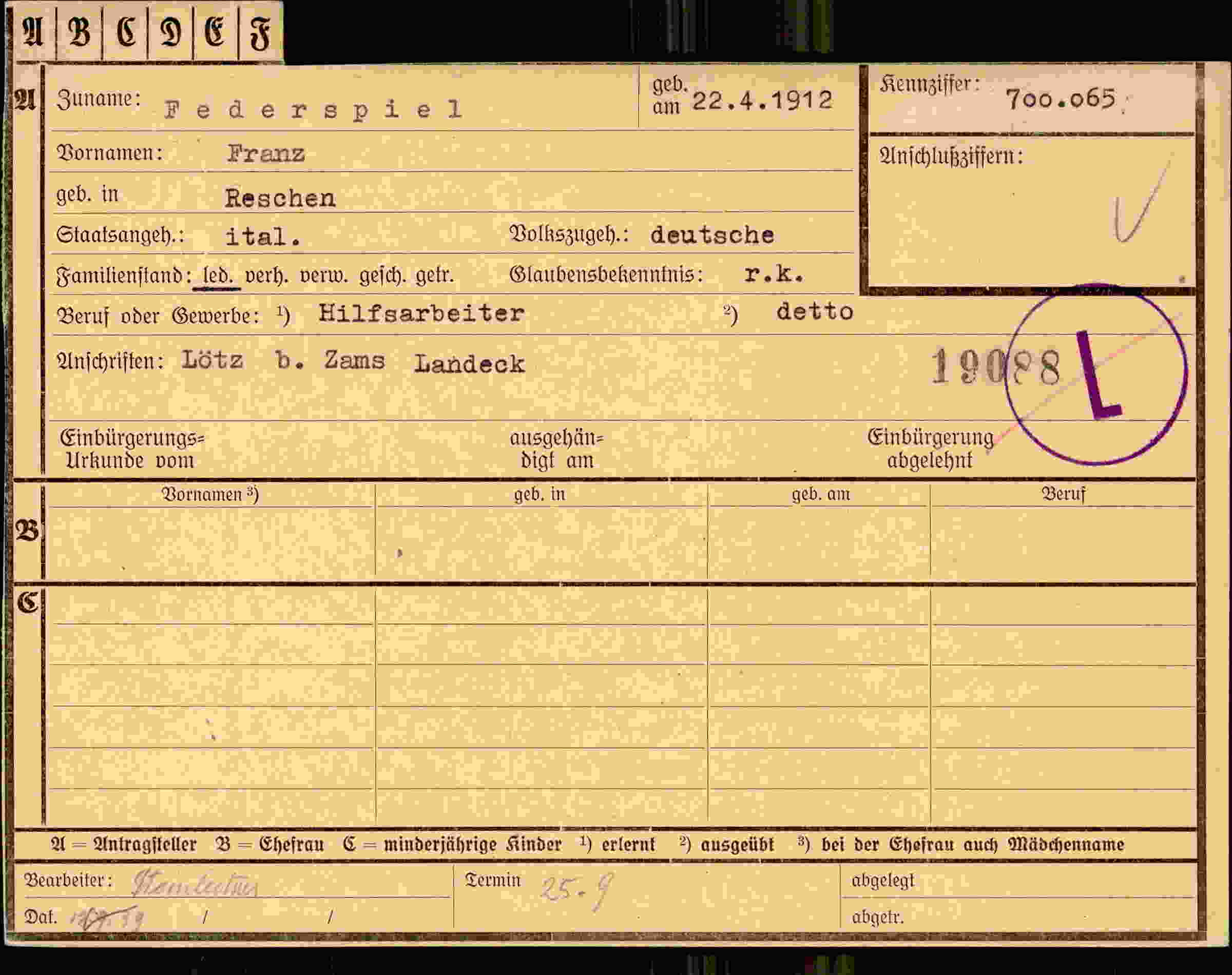 Dokument für Franz Federspiel