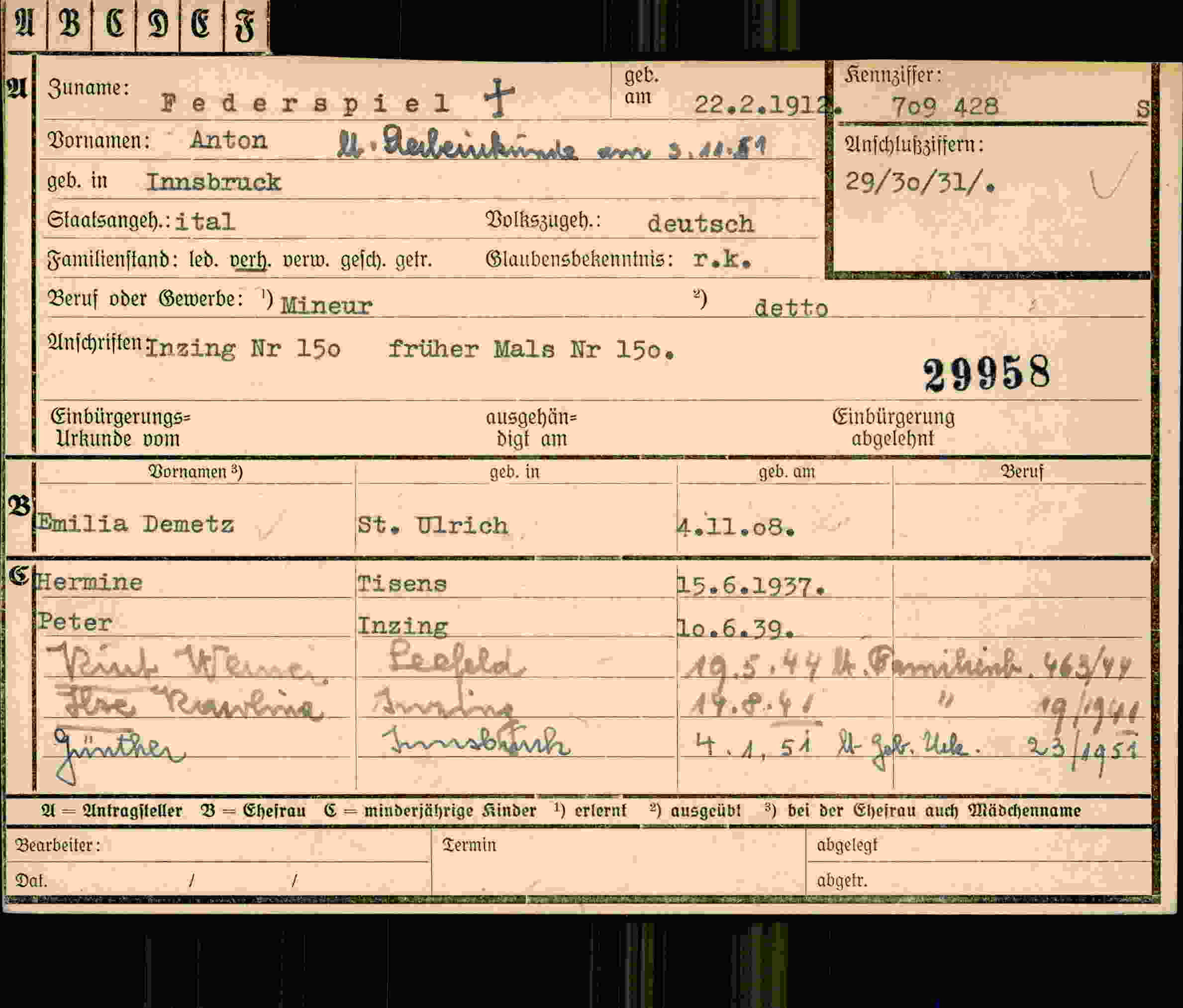 Dokument für Anton Federspiel