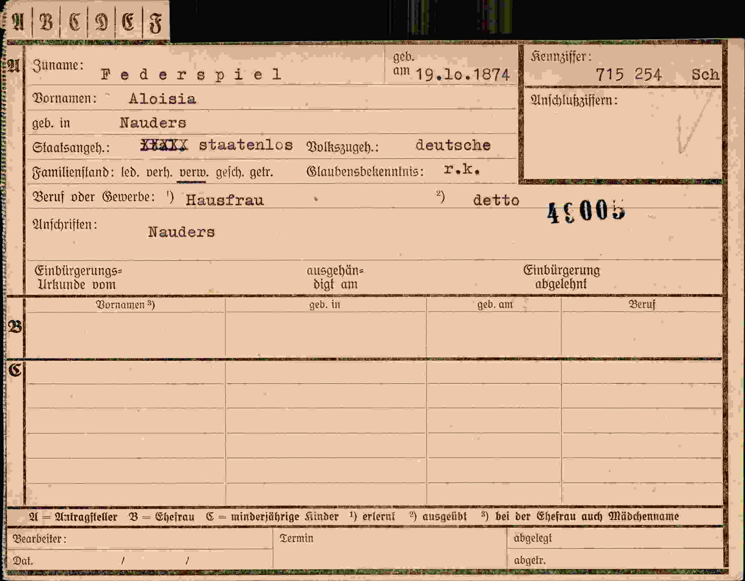 Dokument für Aloisia Federspiel