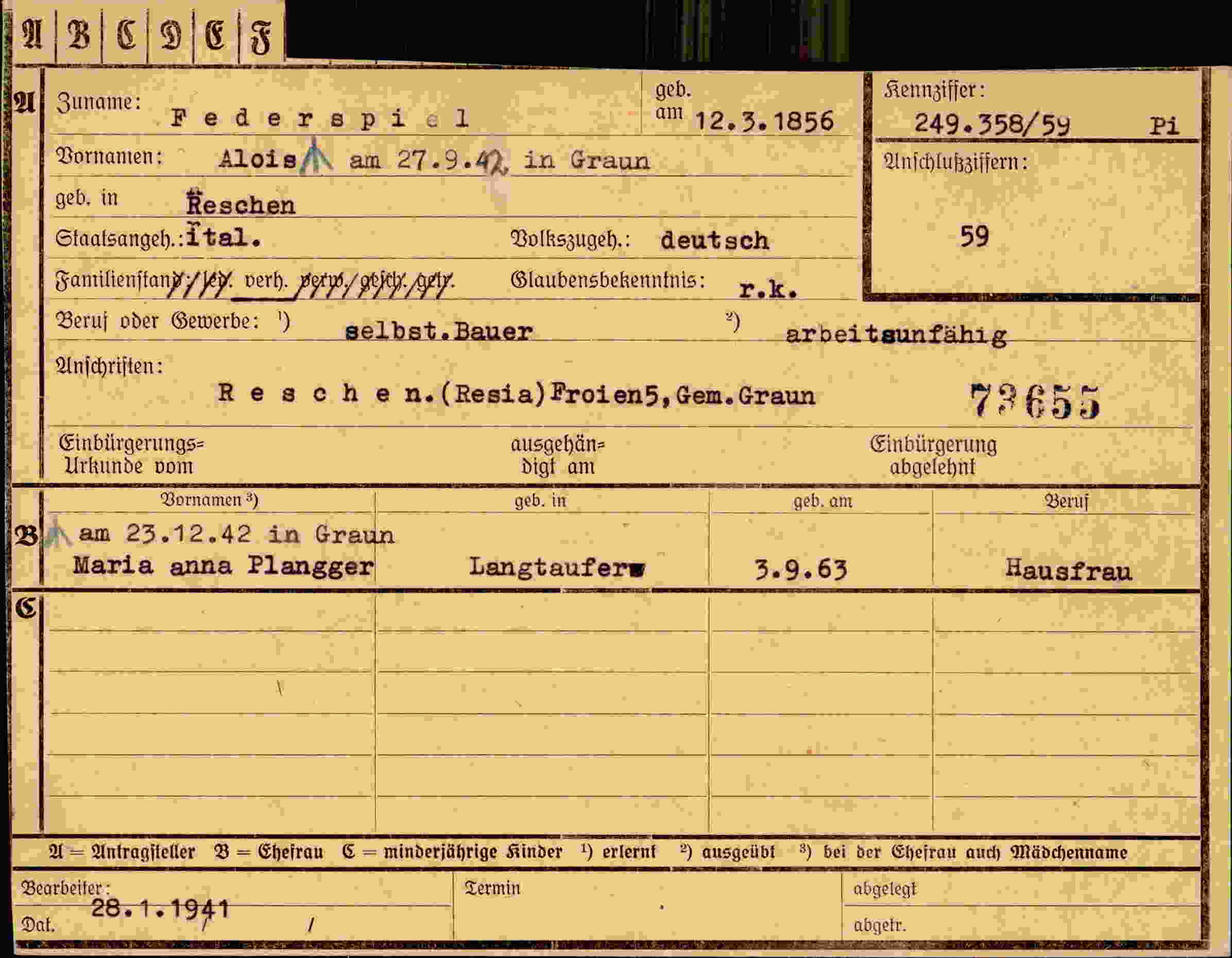 Dokument für Alois Federspiel