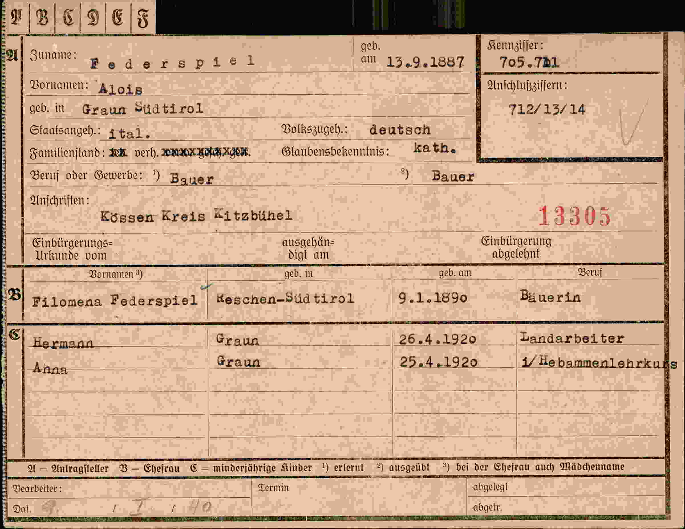 Dokument für Alois Federspiel