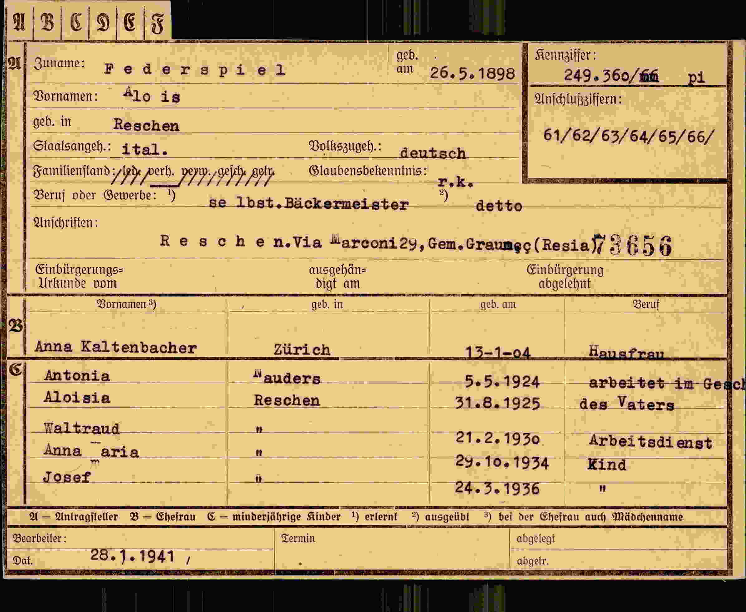 Dokument für Alois Federspiel