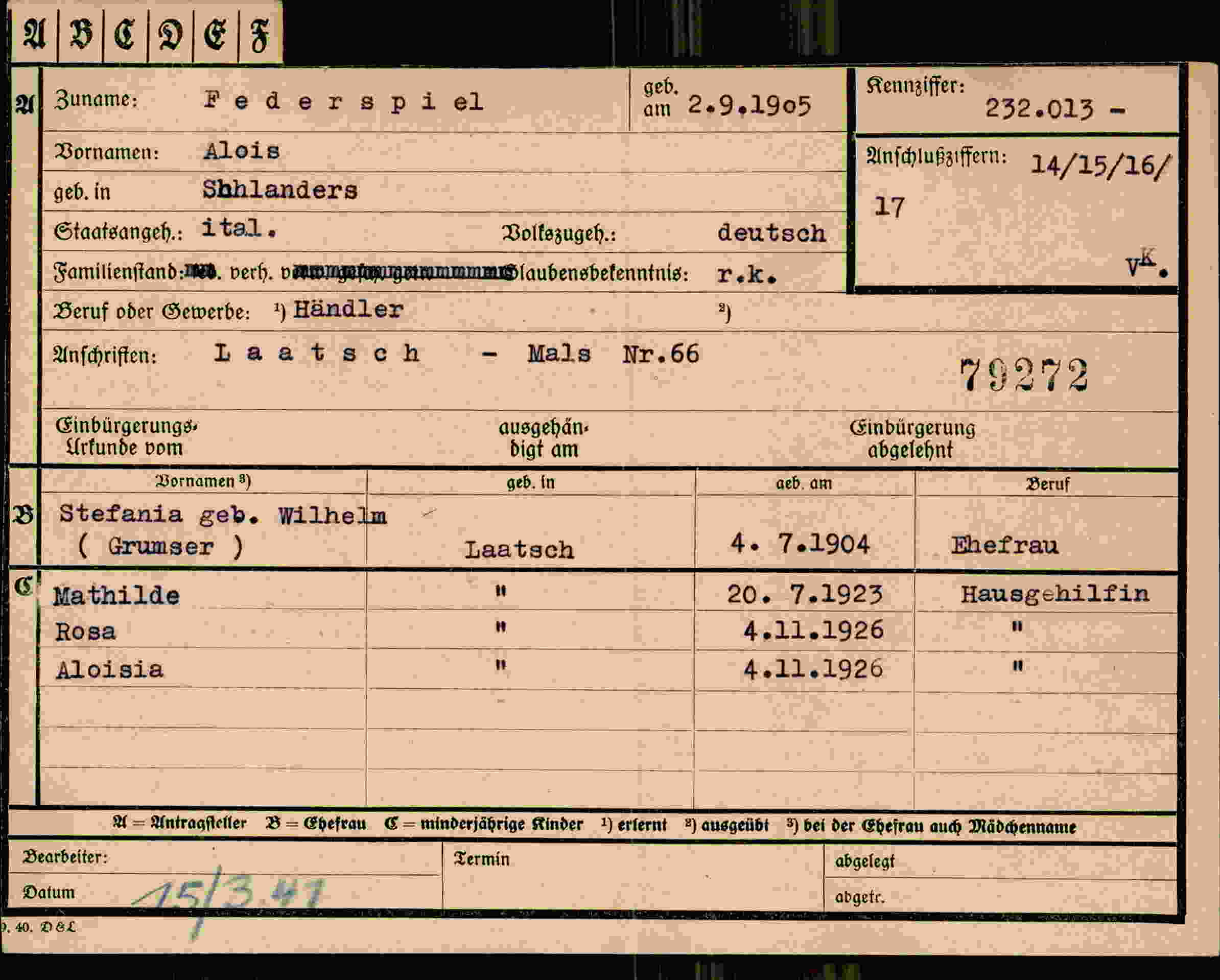 Dokument für Alois Federspiel