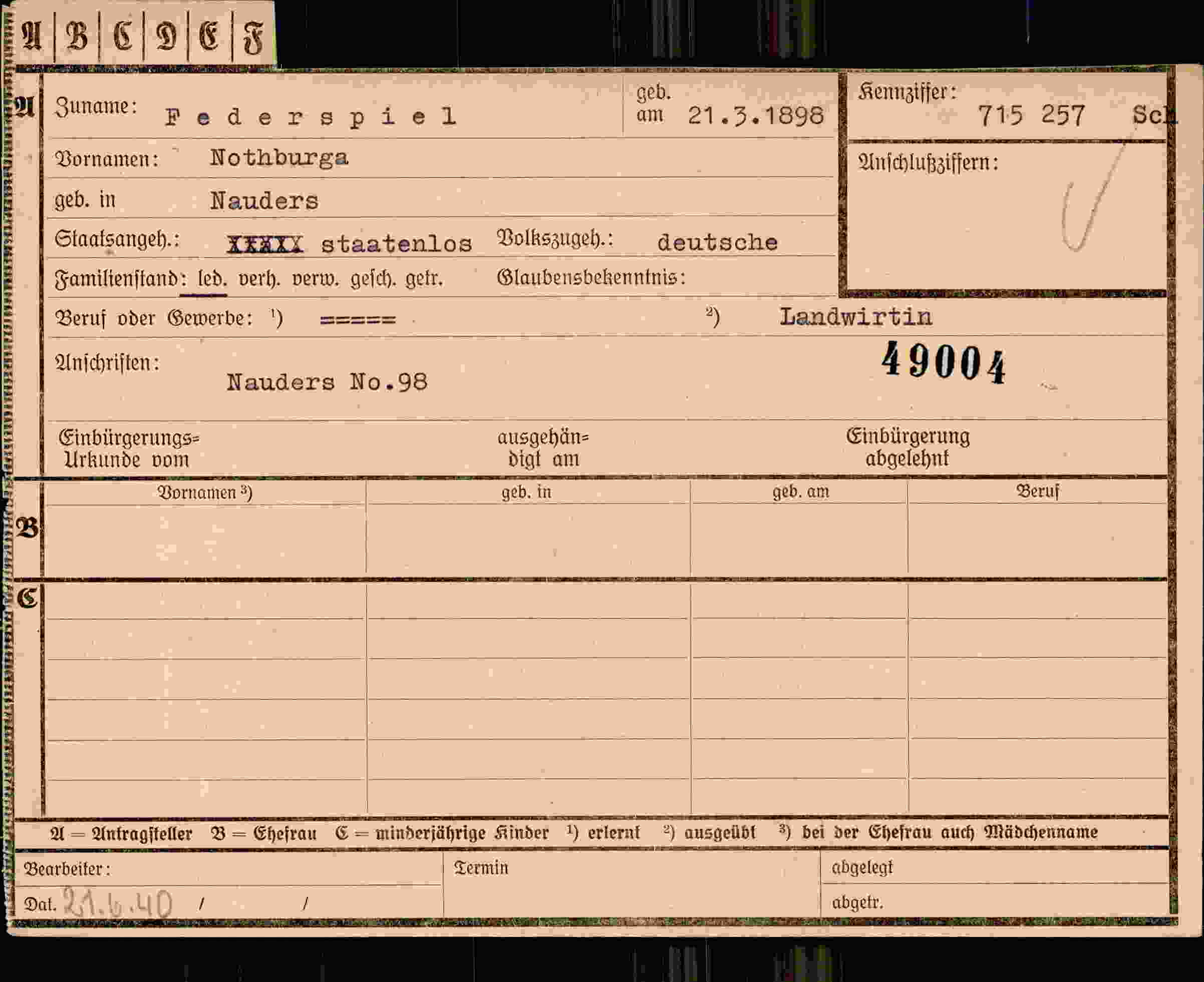Dokument für Nothburga Federspiel