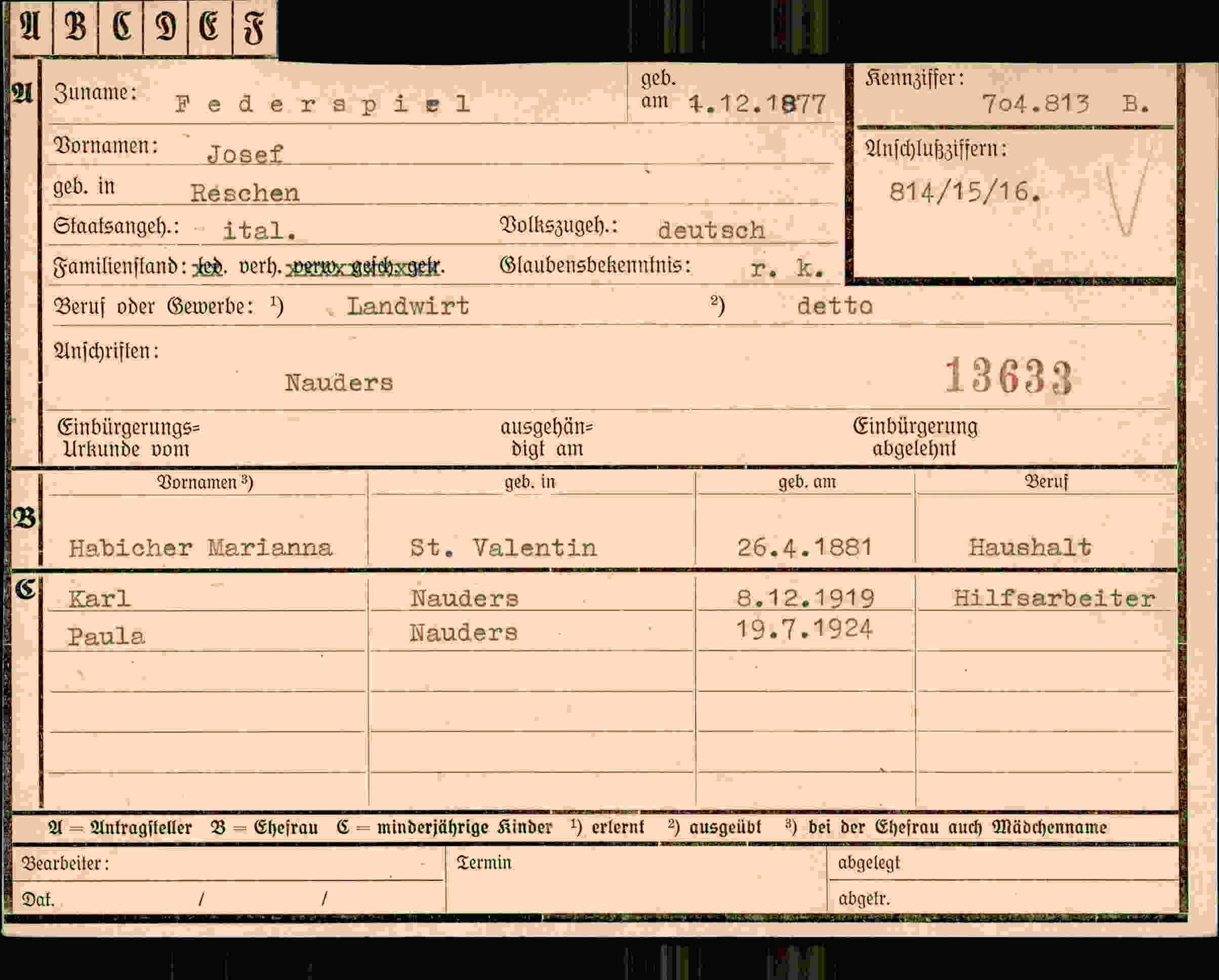Dokument für Josef Federspiel
