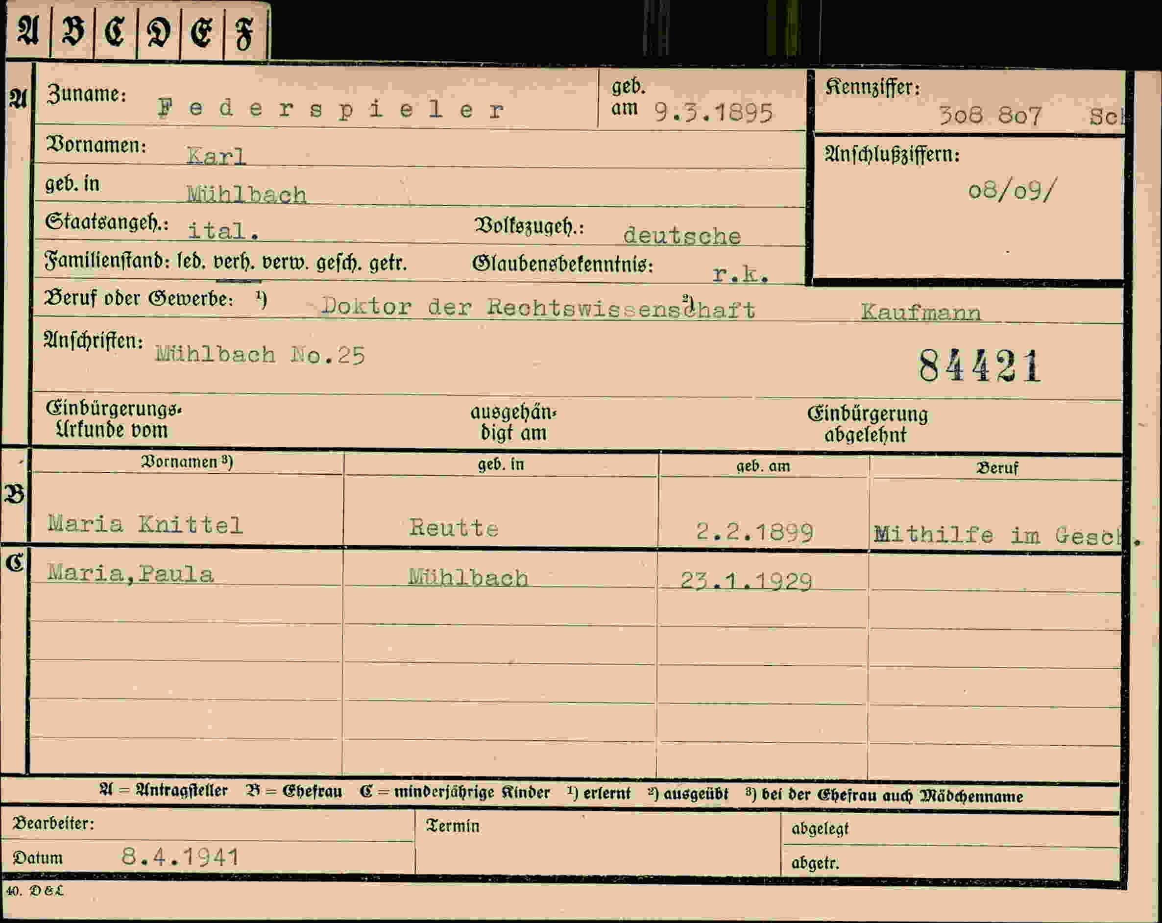 Dokument für Karl Federspieler