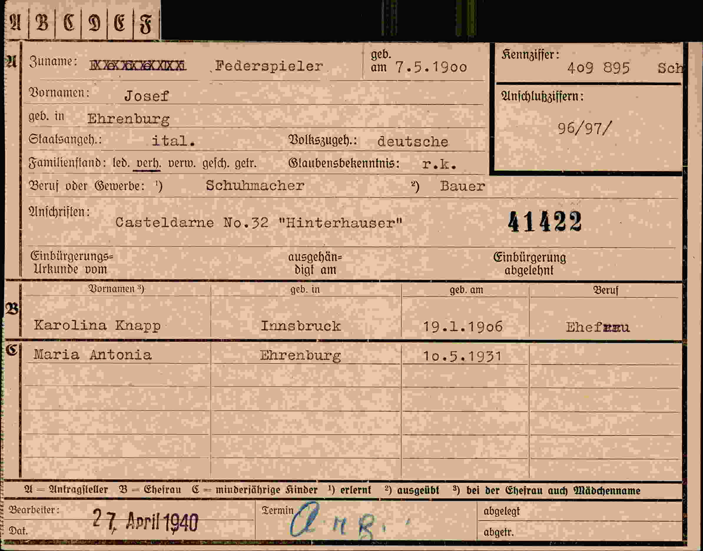 Dokument für Josef Federspieler