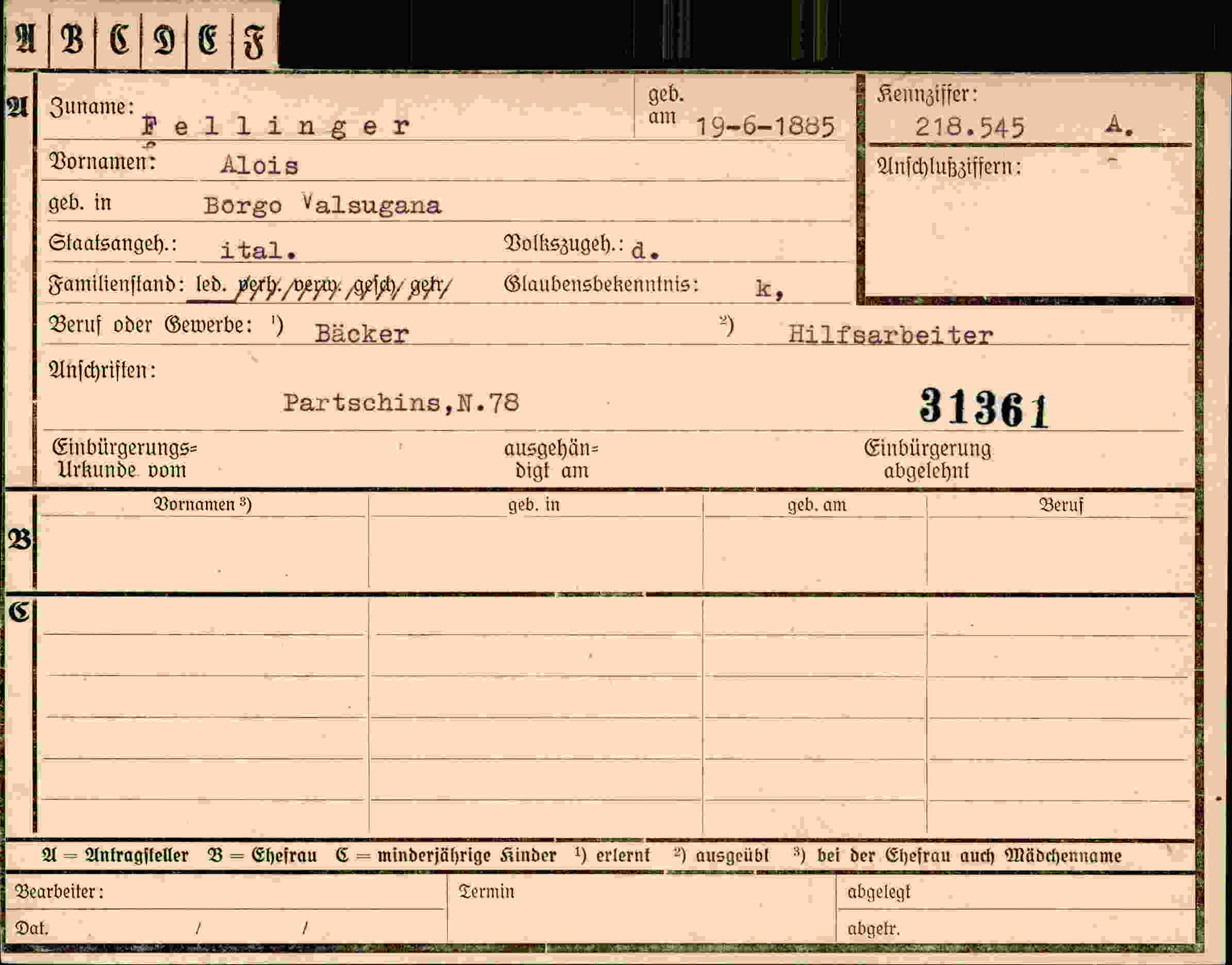 Dokument für Alois Fellinger