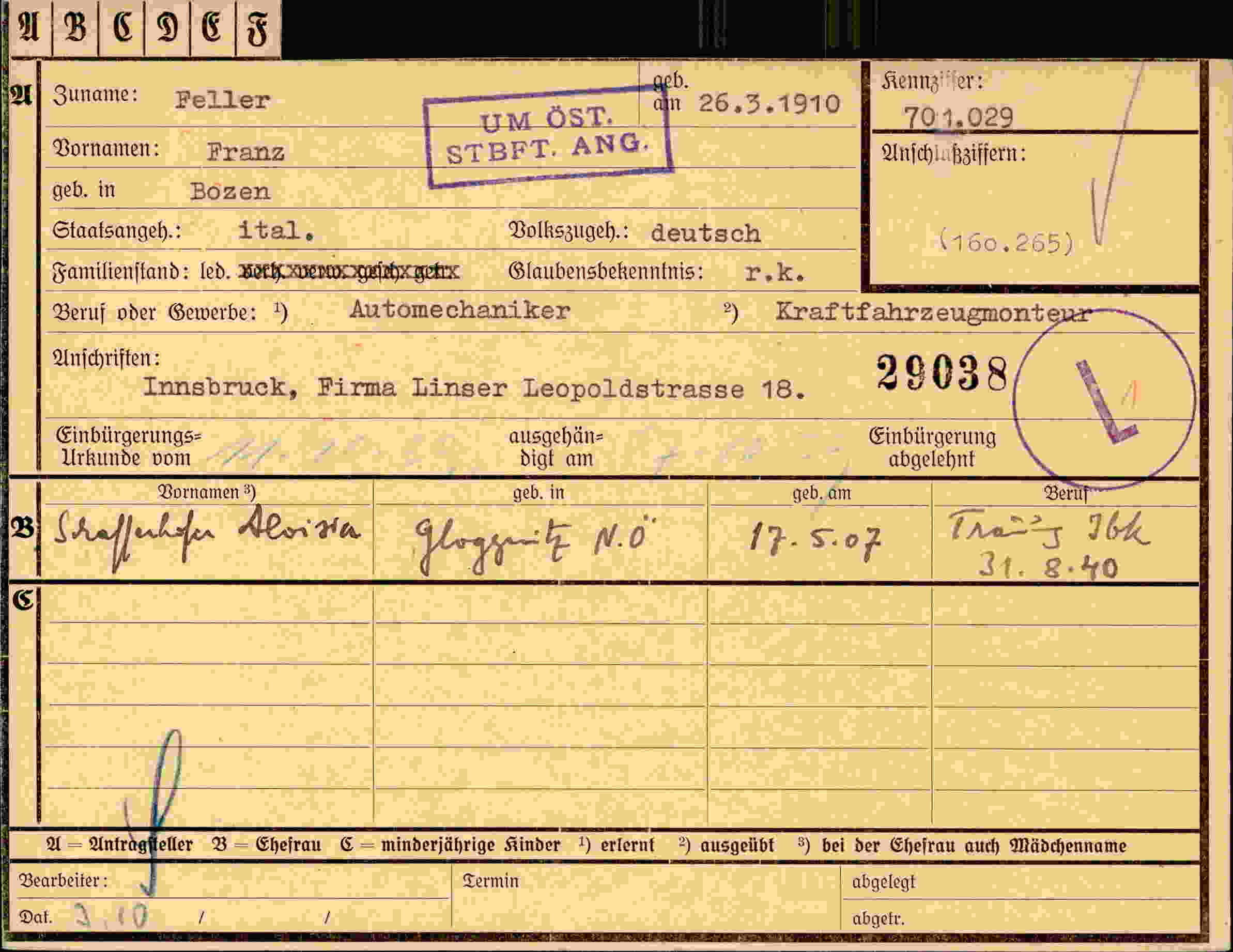 Dokument für Franz Feller