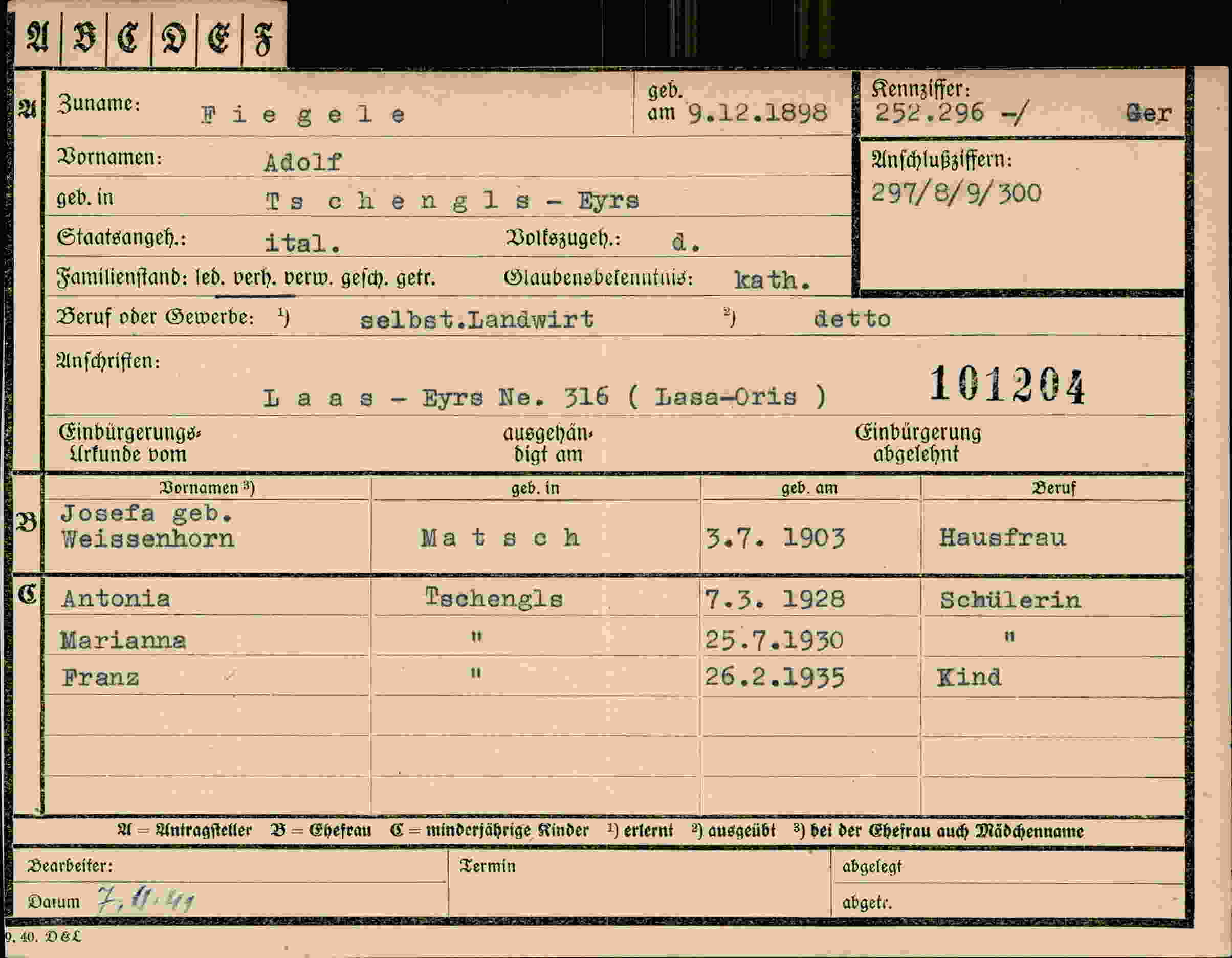 Dokument für Adolf Fiegele