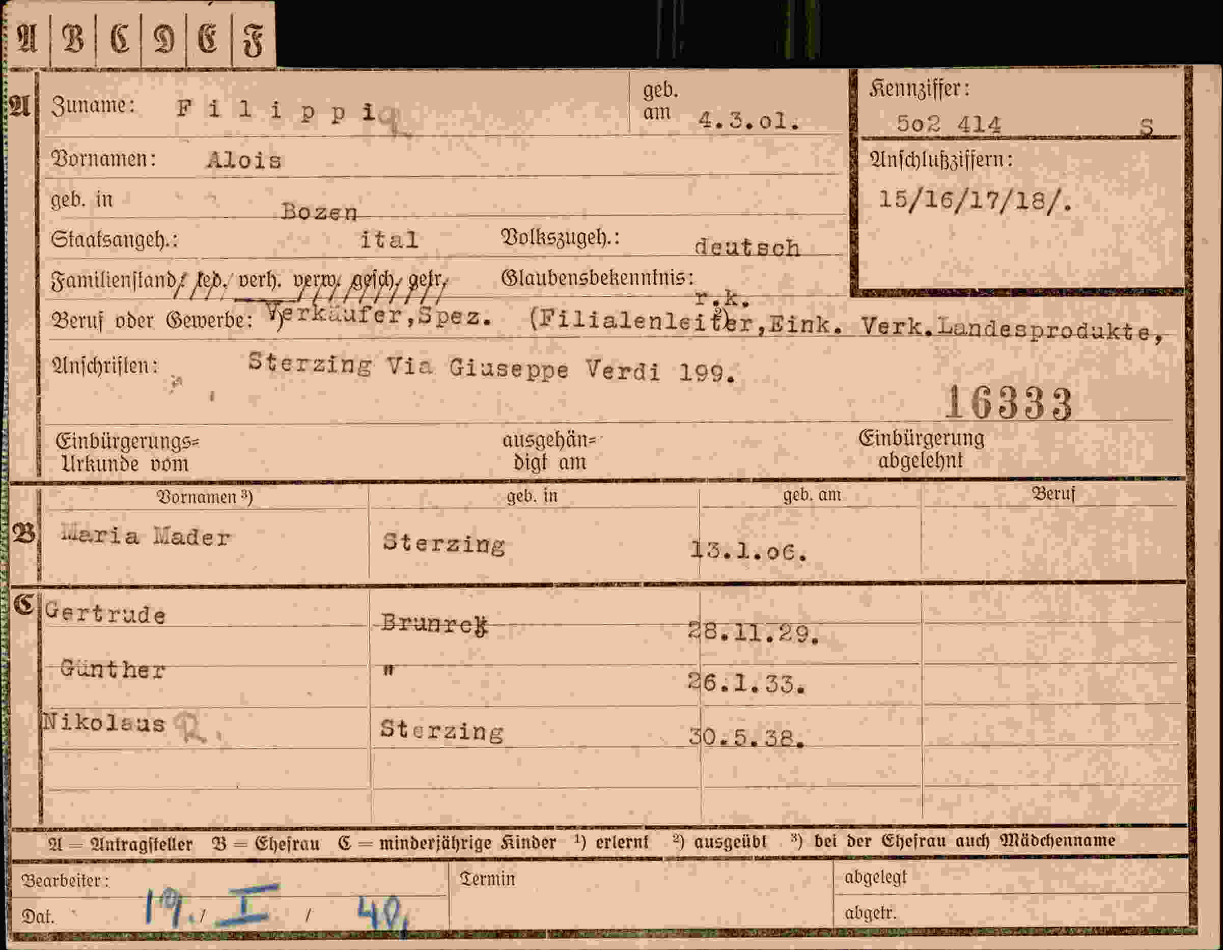 Dokument für Alois Filippi