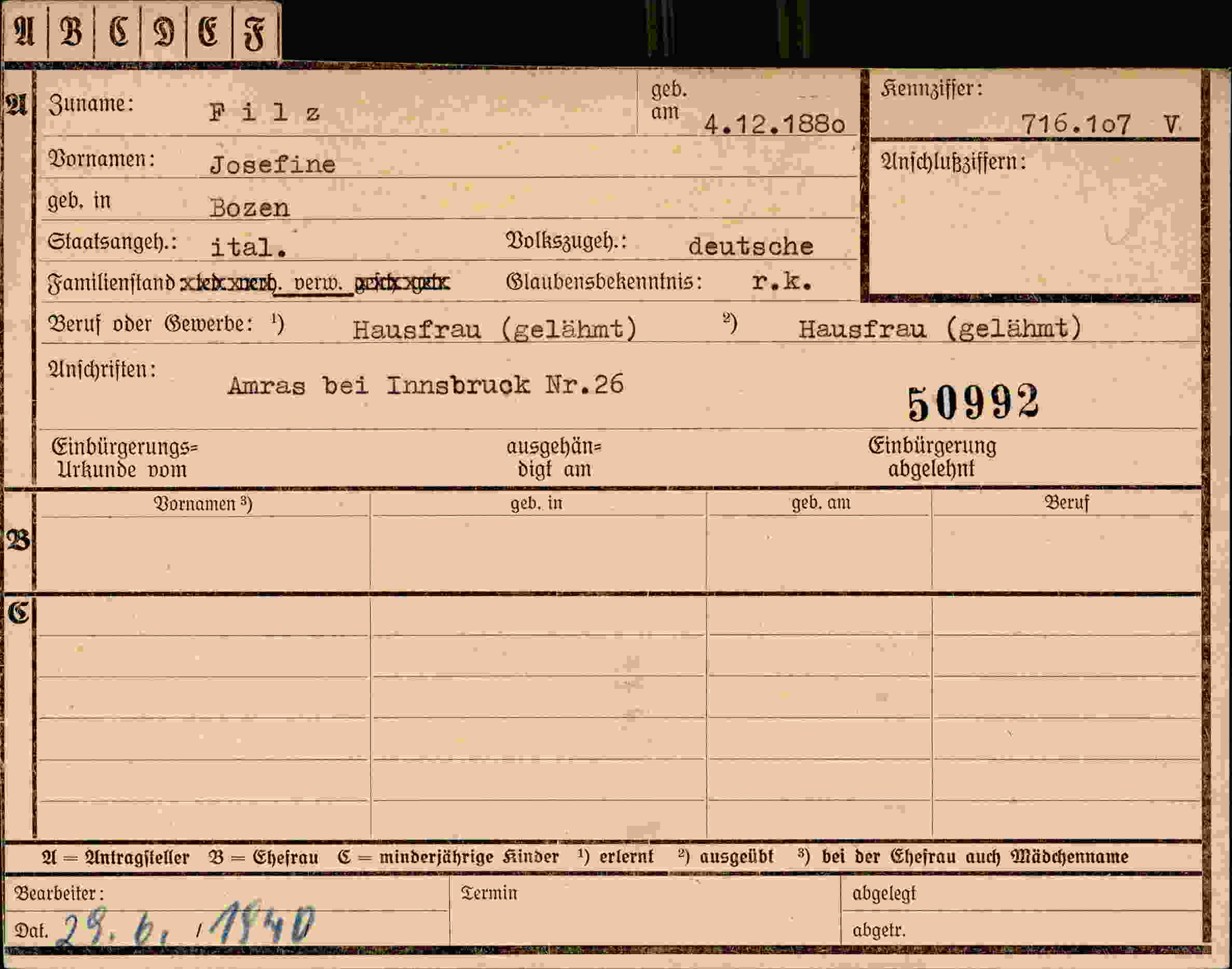 Dokument für Josefine Filz