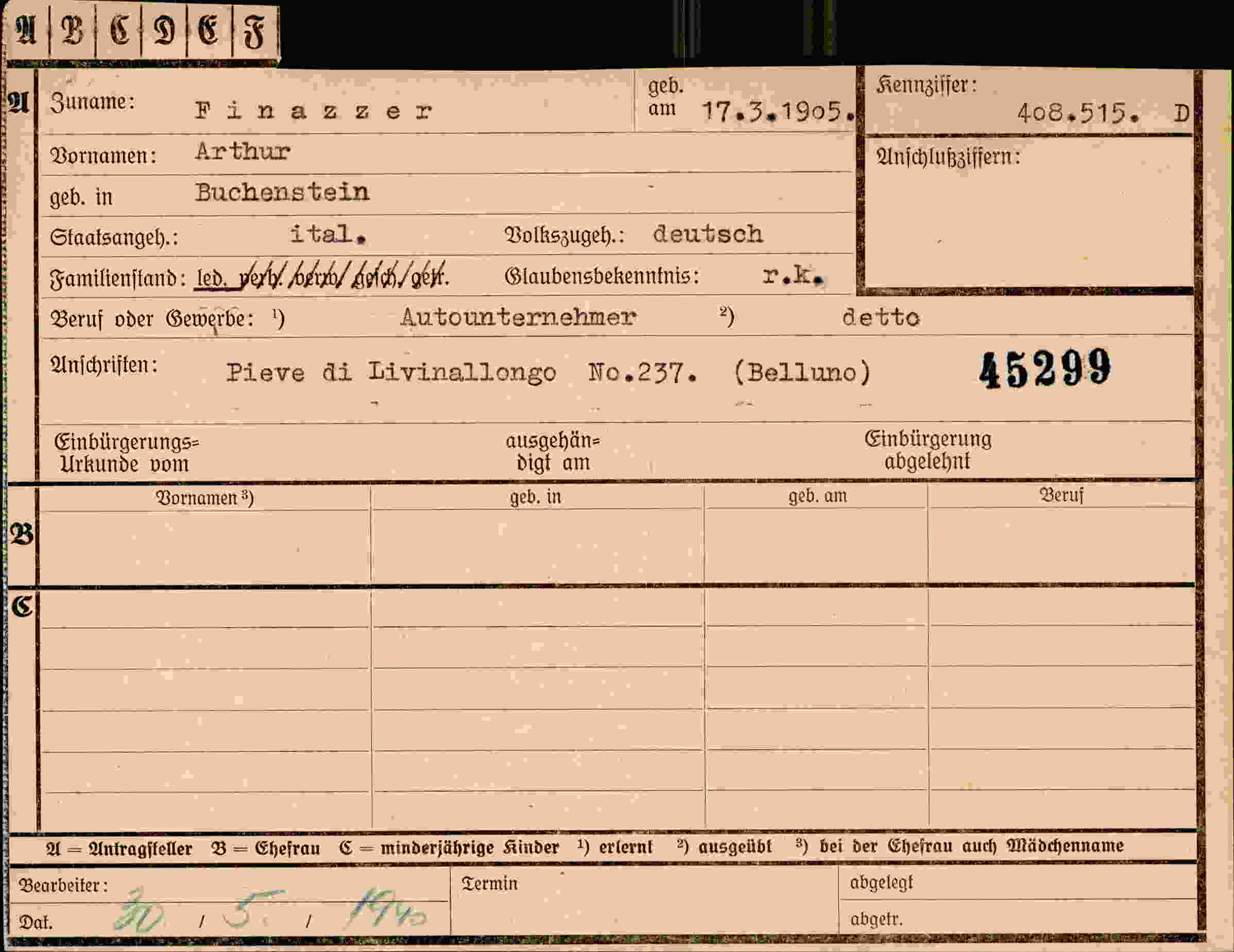 Dokument für Arthur Finazzer