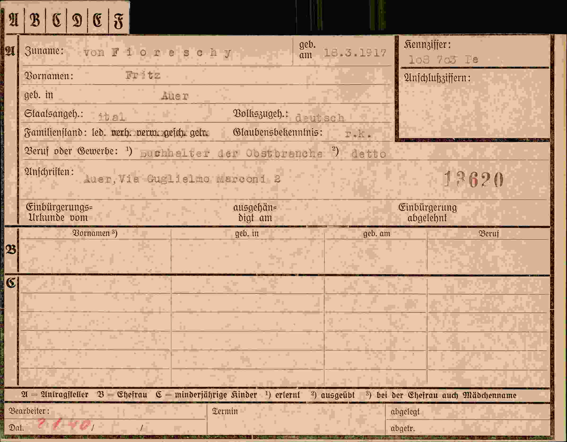 Dokument für Fritz von Fioreschy
