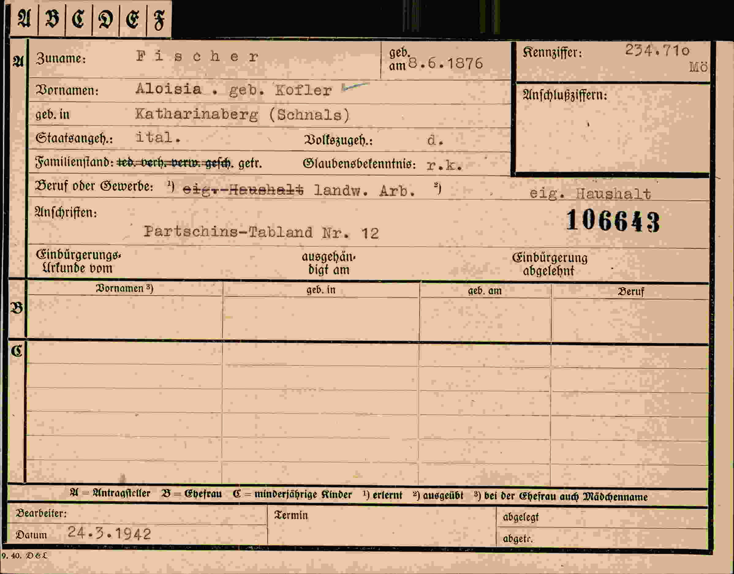 Dokument für Aloisia Fischer