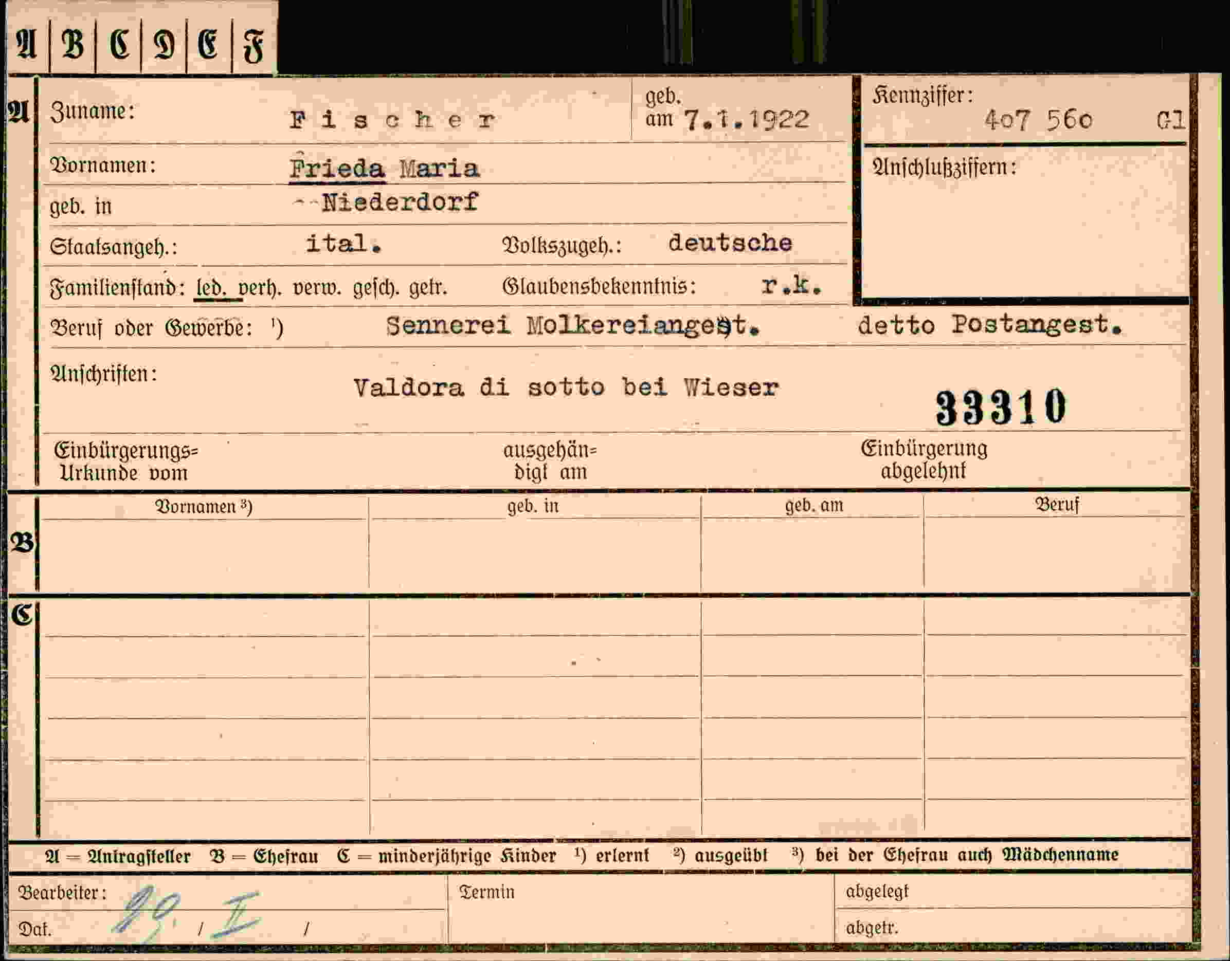 Dokument für Frieda Maria Fischer