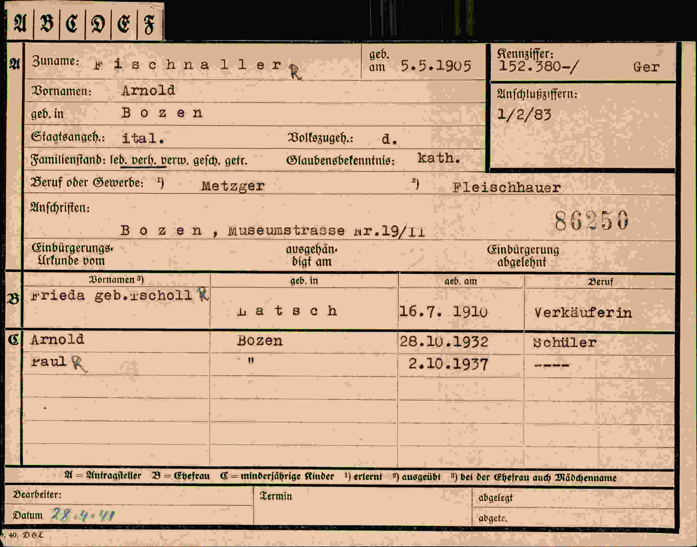 Dokument für Arnold Fischnallers