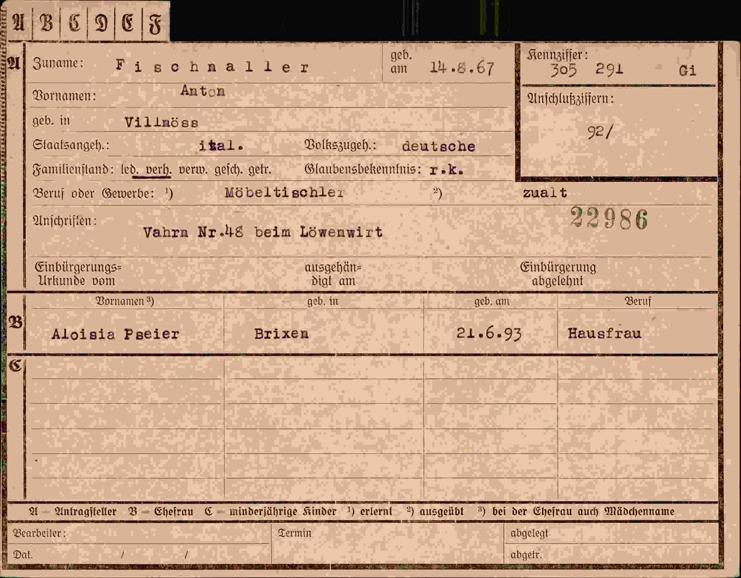 Dokument für Anton Fischnaller